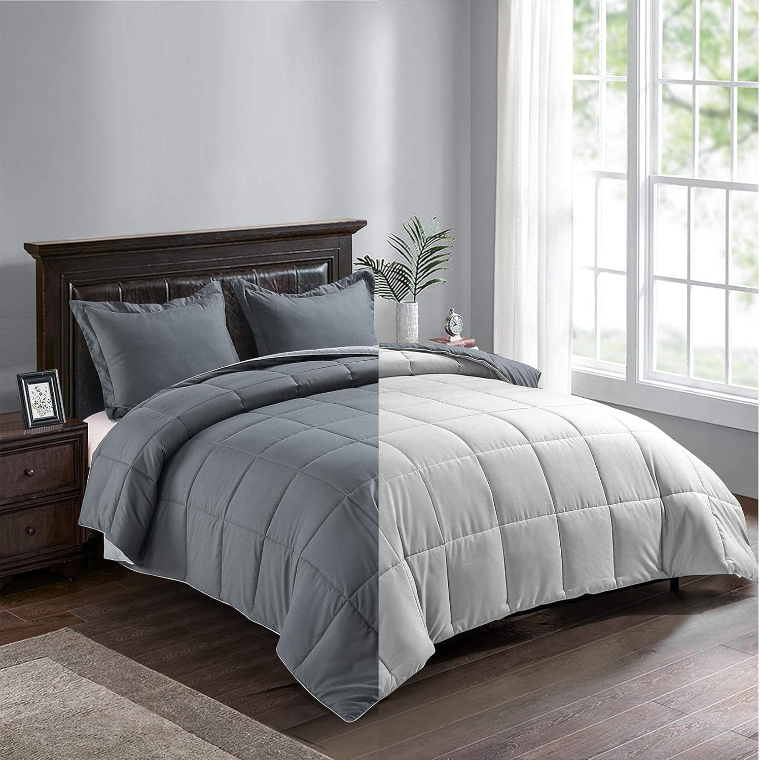 Satisomnia Lightweight Comforters Set Grey Queen Summer Comforter Queen Bed Comforter Sets All Season Bedding sets 3 Piece-1 Comforter 2 Pillow Sham Full / Queen Size Dark Grey / Light Grey 90x90 Inch : Home & Kitchen