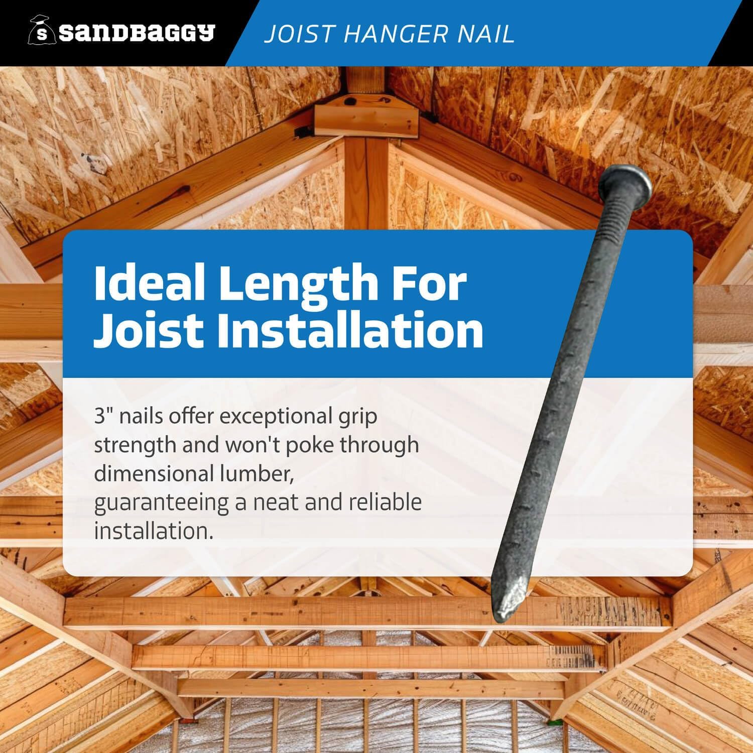 Sandbaggy 3" Joist Hanger Nails (appx. 55 nails/lb) - Barbed Shank, 9 Gauge Steel, 5/16" Diameter Round Head - 10d Nail (1, Pounds)