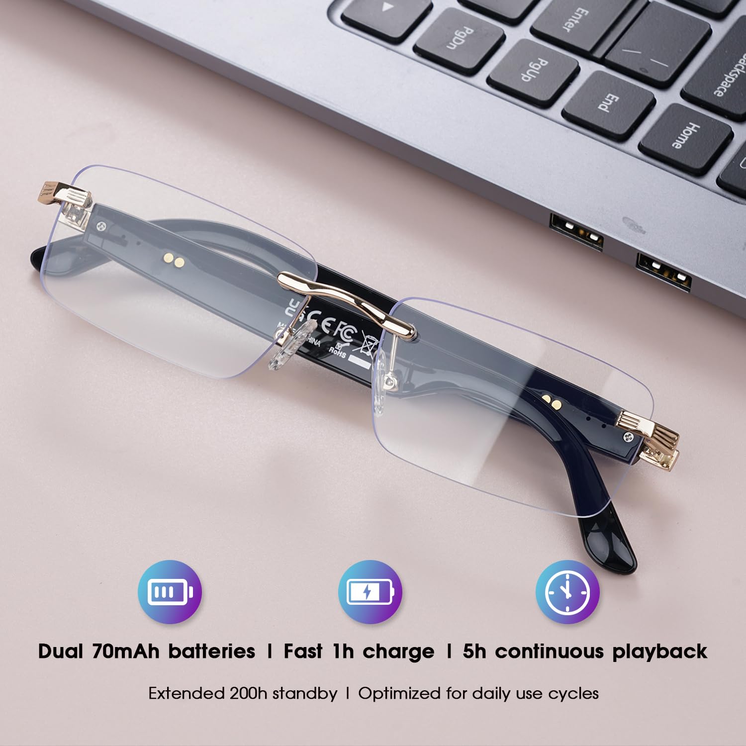 GenXenon Lunettes Intelligentes IA, Smart Glasses avec Haut-Parleurs Intégrés, Photochromiques Lentille, Sans Monture (Dorées)