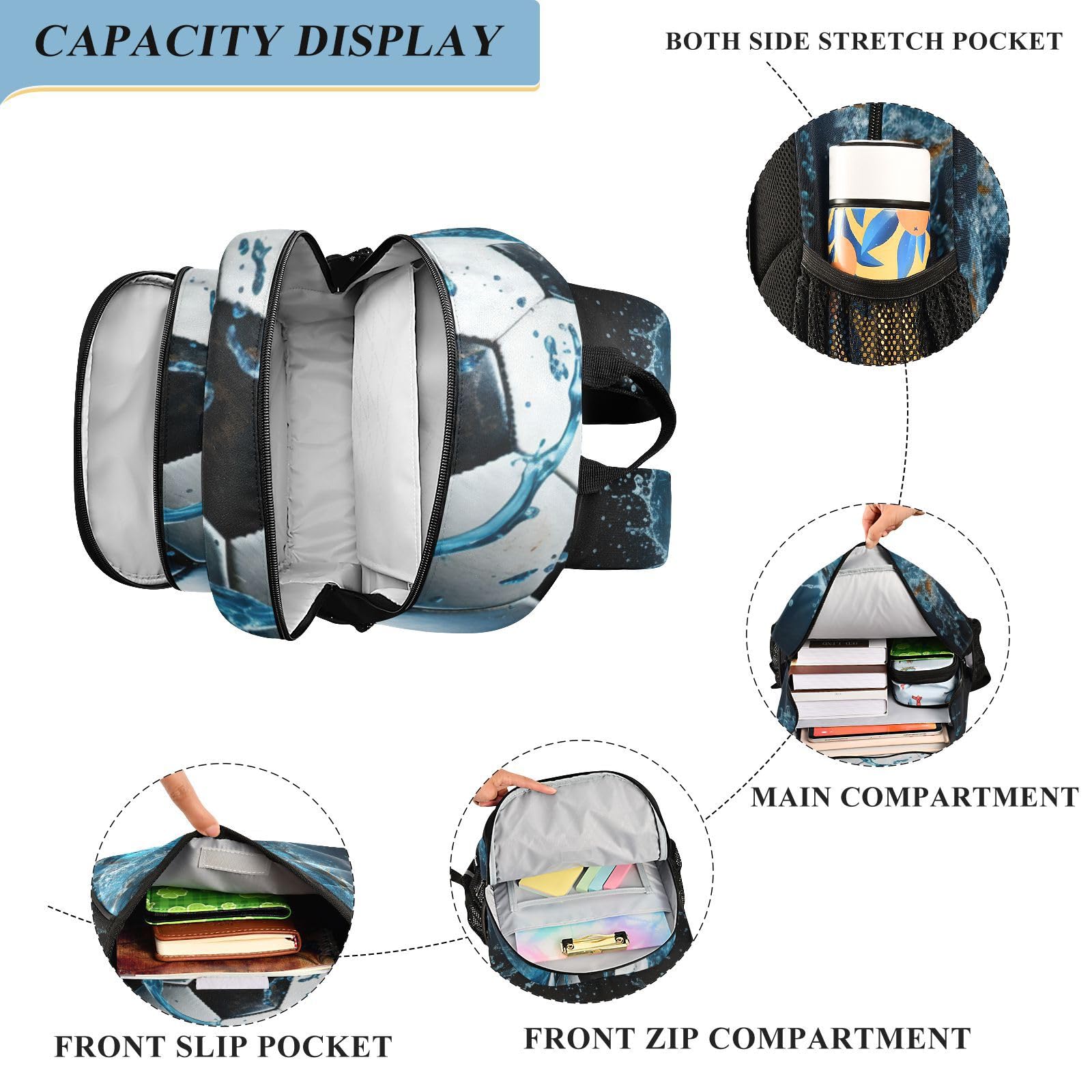 Fútbol De Agua Azul Fresco Mochila Escolar para Estudiantes, Mochilas para Niños, para Viajes y Adolescentes