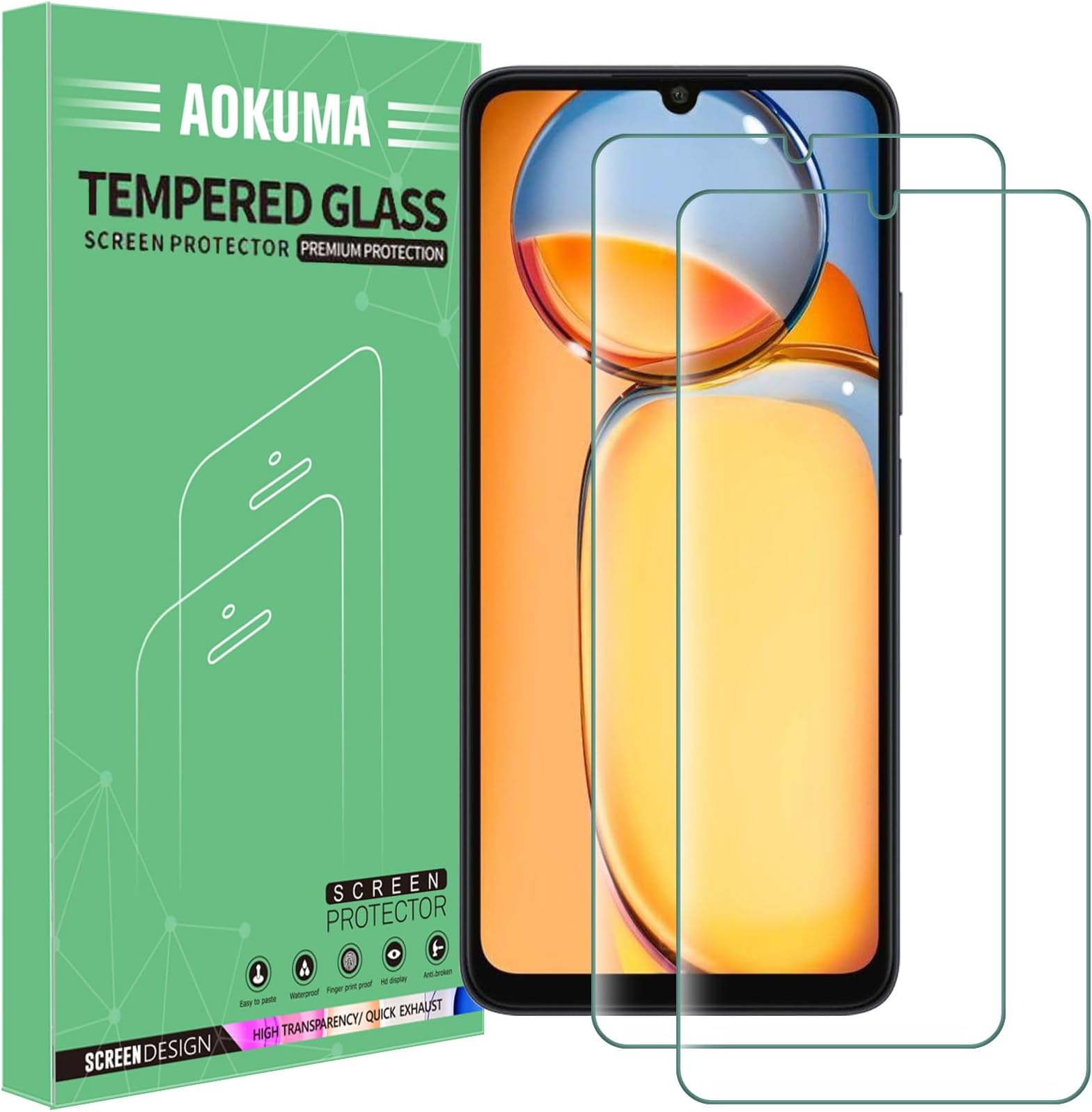 AOKUMA Tempered Glass for Honor X5C /X5C Plus/Xiaomi Redmi 13C 4G/5G / Xiaomi Poco C65, Screen Protector, [2 Pack] Premium Quality Guard Film, Case Friendly, Shatterproof, Shockproof