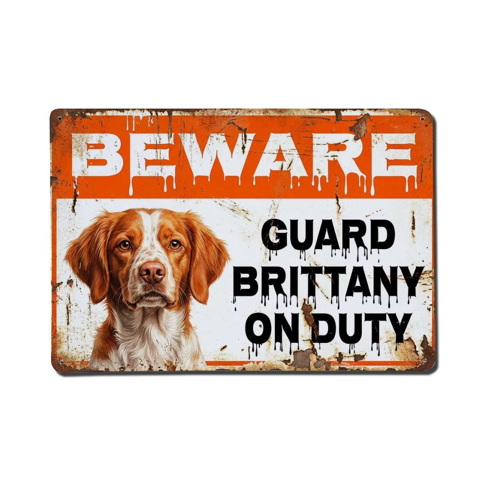 Vintage Funny Brittany Guard Beware of Dog Pier Metal Tin Sign Plaque Wall Decor for Cafe, Club Bar, Office, Garden Metal Poster 8x12Inch