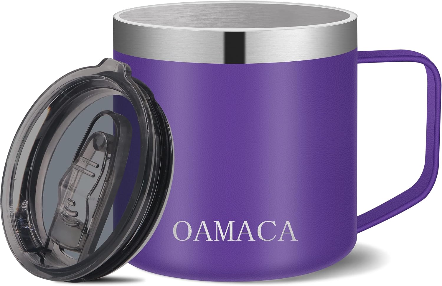 Oamaca 14OZ Coffee Mug with Lid, Vacuum Insulated Travel Tumbler with Handle,Double Wall Stainless Steel Powder Coated Mug Cup,Spill-proof Thermos Cup for Hot & Cold Drinks for Home Office,Purple
