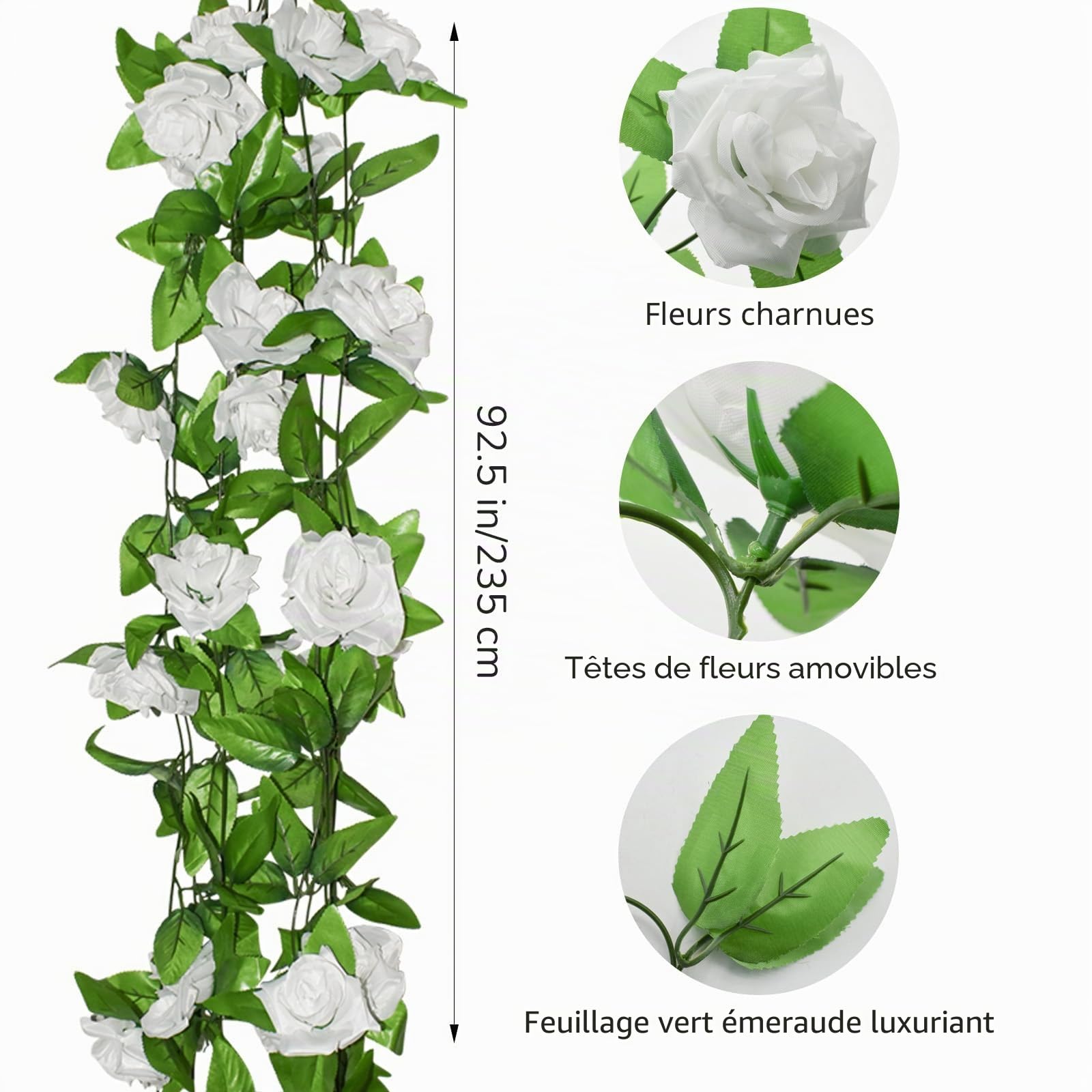 Lot de 6 guirlandes de fleurs artificielles à suspendre pour fête de mariage, mur, jardin, table, décoration d'intérieur (blanc)
