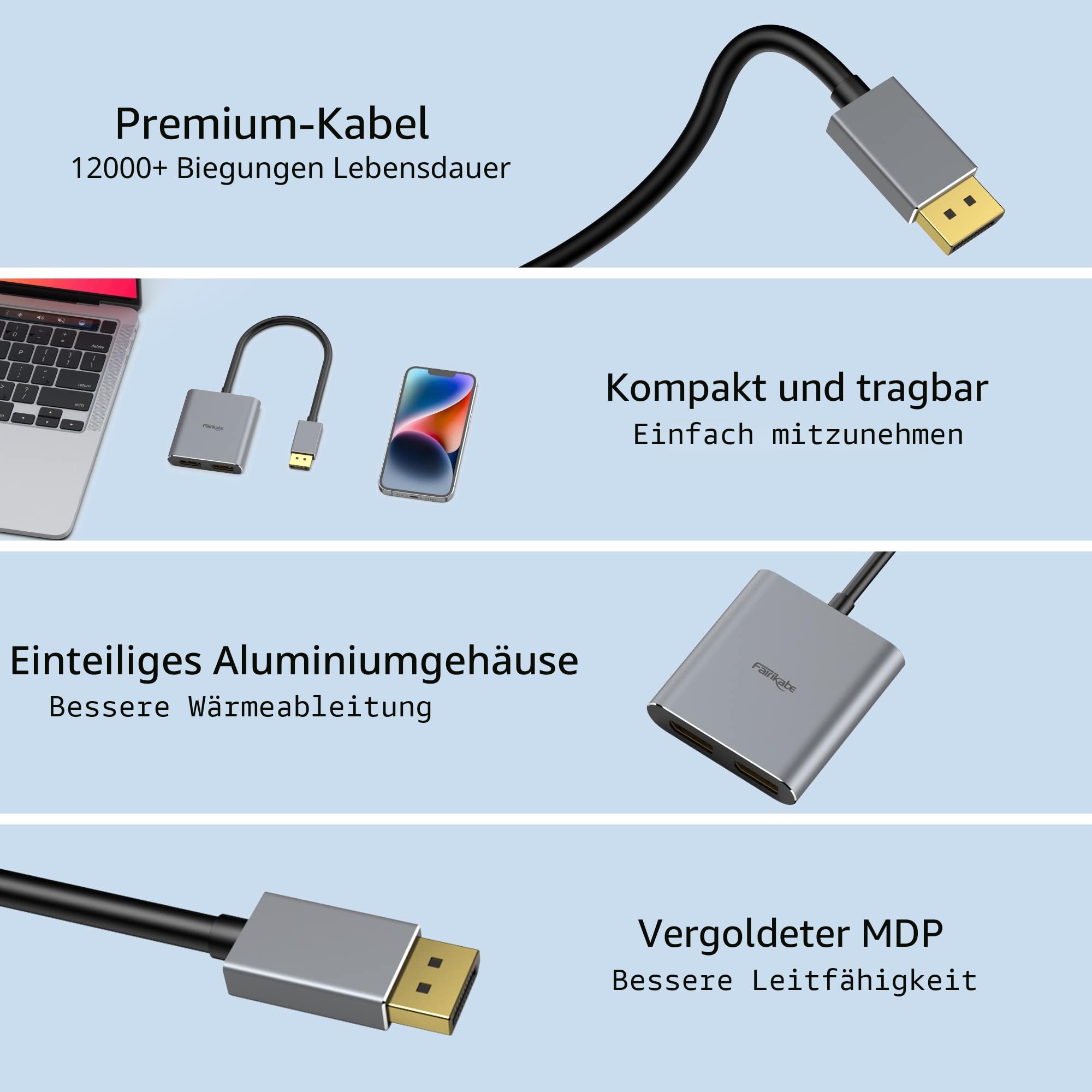 fairikabe DisplayPort zu Dual DisplayPort Splitter Adapter 4K60Hz für Dual Monitor, MST DP Adapter erweitern Display 1 in 2 Ausgänge, displayPort Hub für Desktop Computer