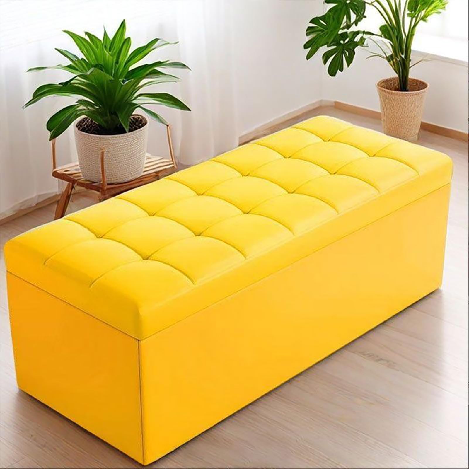 KLGFBDC Yellow Faux Leather Storage Ottoman Bench Tufted Upholstered Footrest Stool for Living Room Bedroom & Entryway Supports 660 Lbs 39x16x16in Stylish & Functional