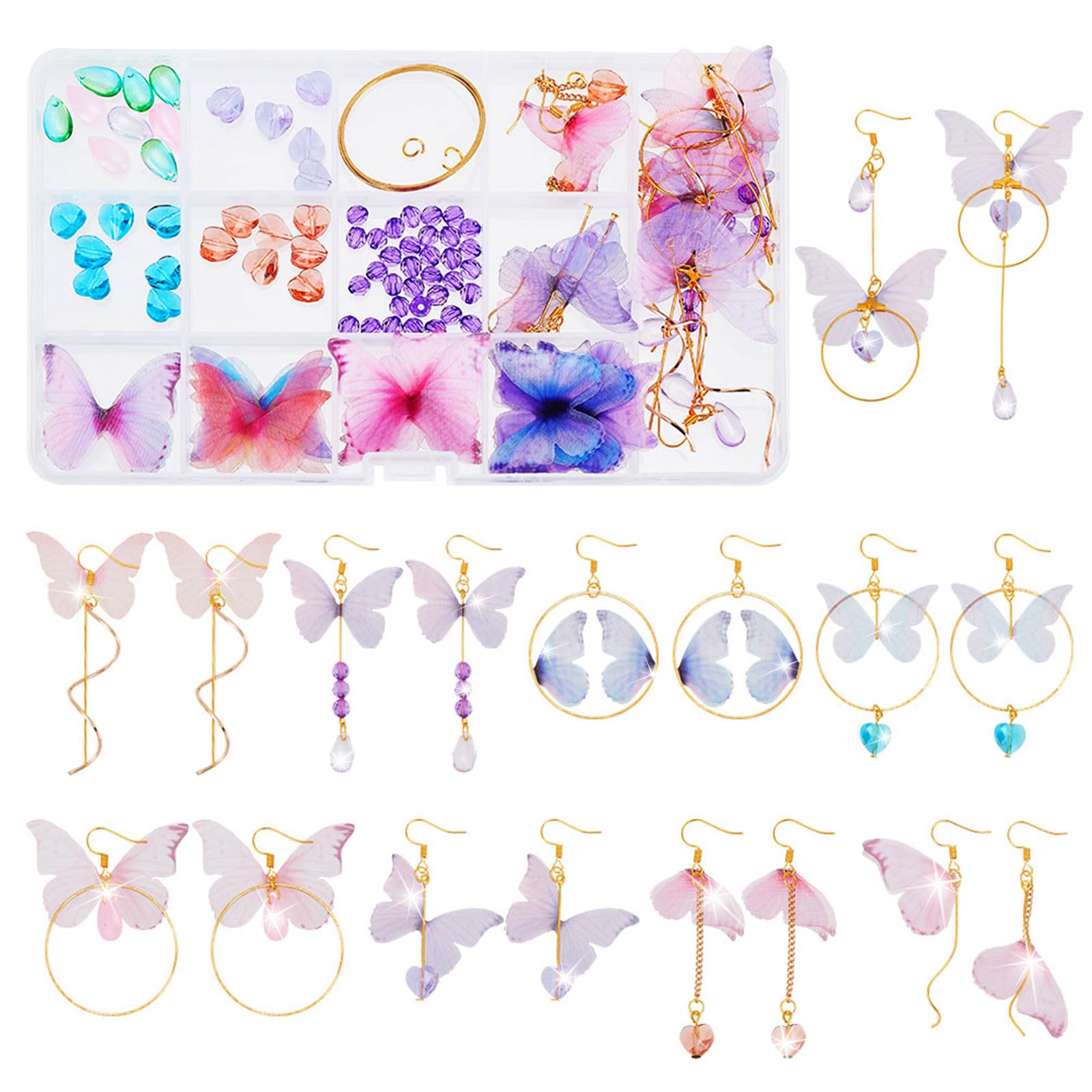 FREEBLOSS 10 Pairs in 1 Box DIY Organza Butterfly Dangle Earring Making Kit Lightweight Butterfly Wing Charms for Jewelry Making Easy to Make Boho Dangle Earrings Set for Girl's Birthday Wedding Gift
