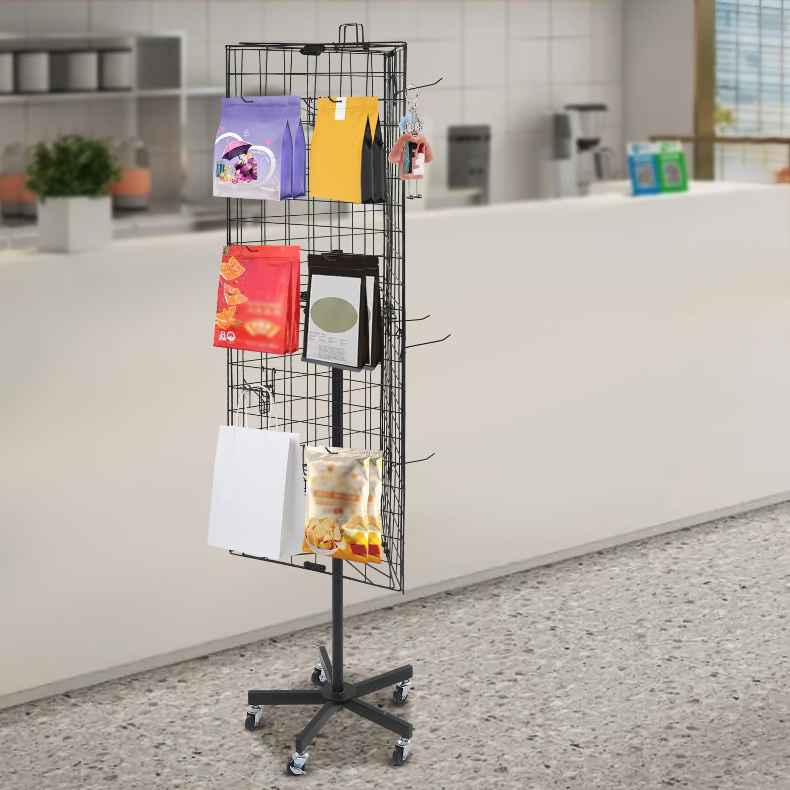 GDIFLS Triangular Gridwall Panel Display Stand, Black Metal Rack with 5 Wheels, 360° Rotatable, 12 Hooks, Modern Display Stand for Retail, Craft Shows & Home Use