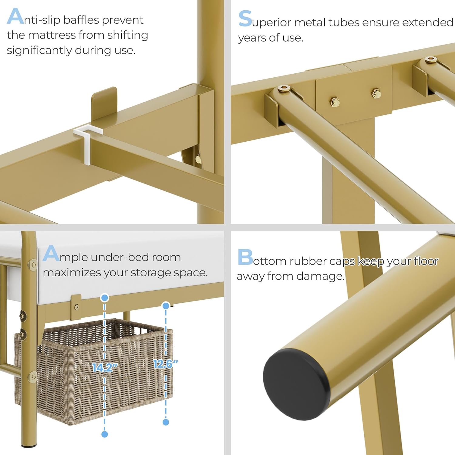 Collage of bed frame features including anti-slip baffles, superior metal tubes, under-bed room, and bottom rubber caps