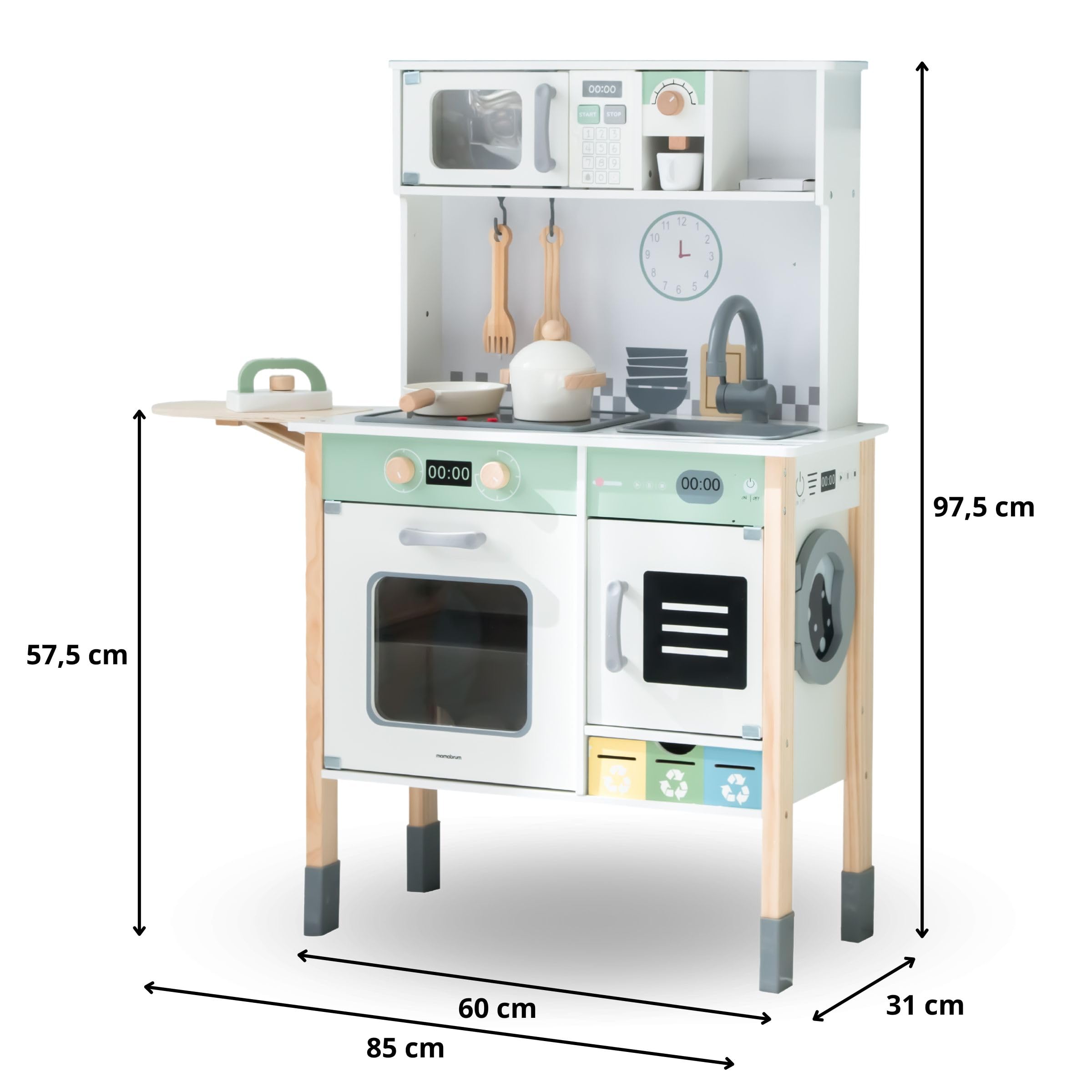 Mamabrum Cuisine en Bois Montessori Interactive – Plaque sonore & Lumineuse, Micro-Ondes, Lave-Vaisselle, Lave-Linge, Tableau Noir, Accessoires – Hauteur réglable dès 3 Ans