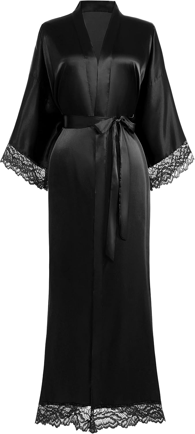 BABEYOND Satin Kimono Robe Silky Long Bridesmaid Wedding Lightweight Bath Robe with Lace Trim