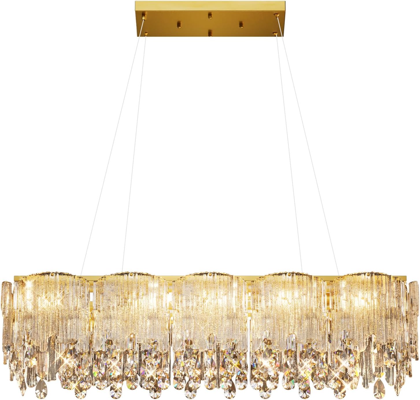 38'' Crystal Chandelier, Modern Rectangular Chandelier, 10-Light Gold Dining Room Light Fixture with Textured Glass for Kitchen Island