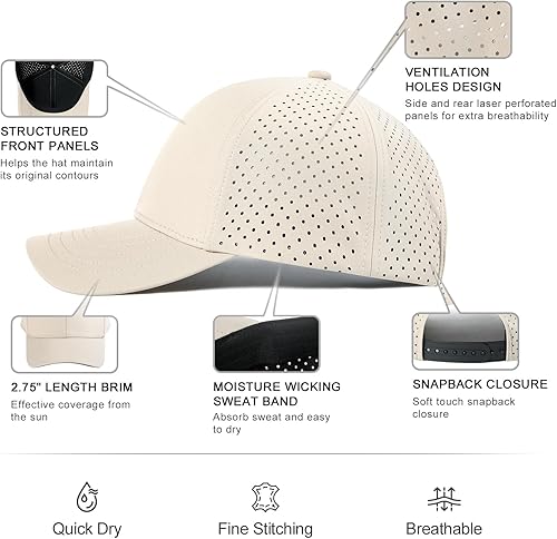 Vista 6 de VOBOOM - Gorra de béisbol para hombre de secado rápido con corte láser y malla, con borde curvo y cierre a presión
