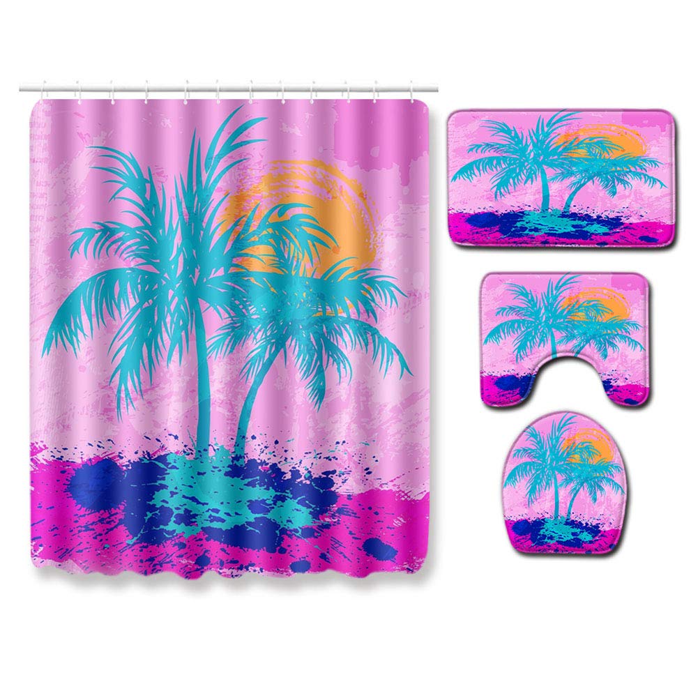 BOYOUTH 4Pcs Watercolors Sunset and Palm Tree Pattern Digital Print Shower Curtains Sets with Bath Mat,Contour Rug,Toilet Lid Cover for Bathroom Decor