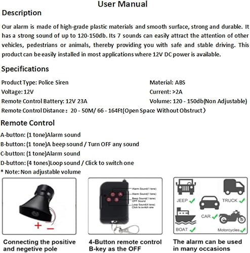 Miniatura 4 de Sirena de coche de 7 tonos con sonido fuerte, bocina de vehículo, ambulancia, sirena, sonido de tráfico con mando a distancia negro, 12 V, 100 W (2