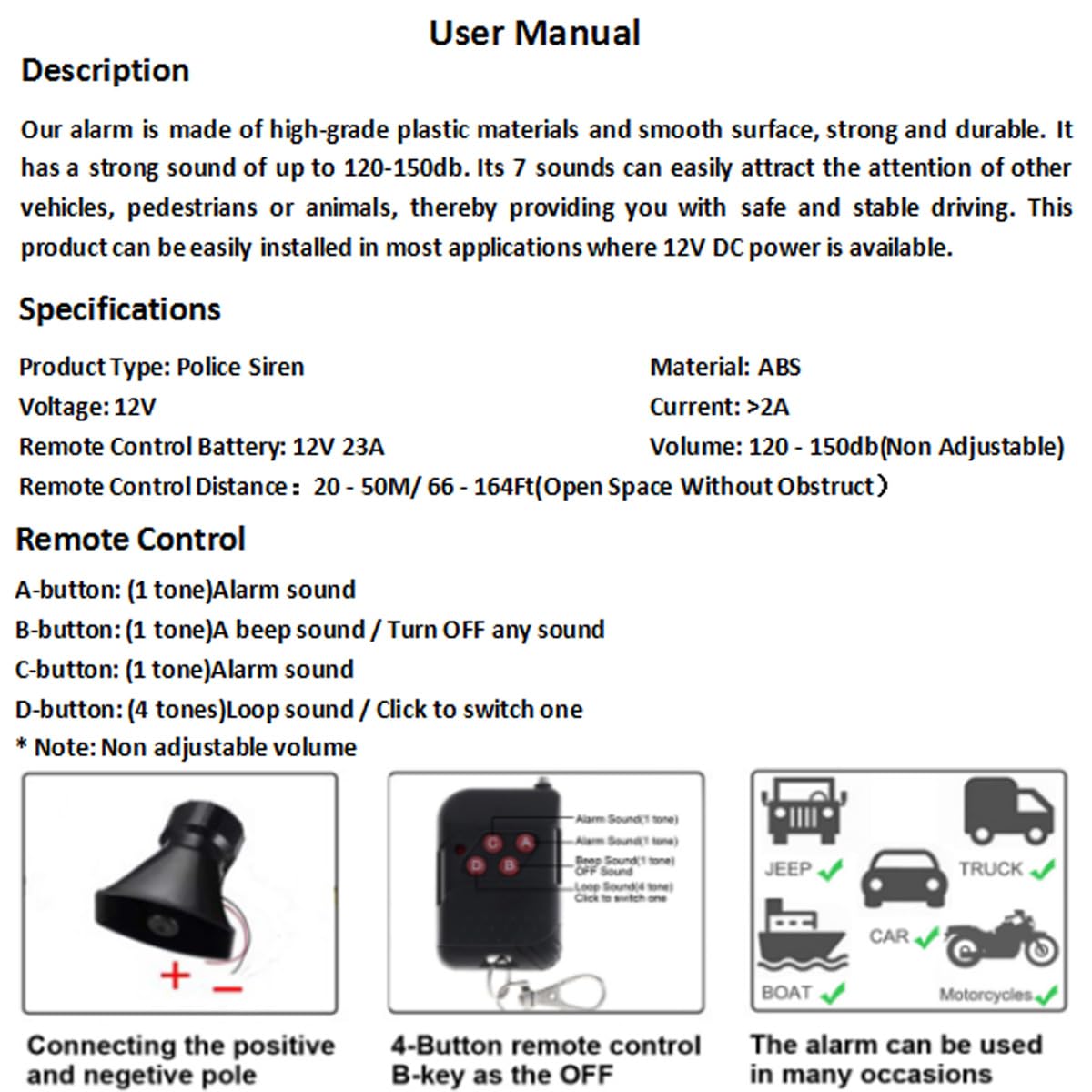 Sirena de coche con 7 sonidos: bocina, alarma tipo incendio, ambulancia, circulación, policía, con mando a distancia negro, 12 V 100 W (2 x mando a distancia)