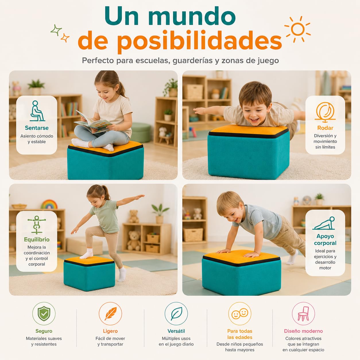TIENDA EURASIA – Figuras de Espuma para Psicomotricidad Infantil | Bloques Blandos de Juego Educativo | Espuma y Poliéster | Diferentes Formas | Multicolor (Cuadrado 40x40x20 cm)