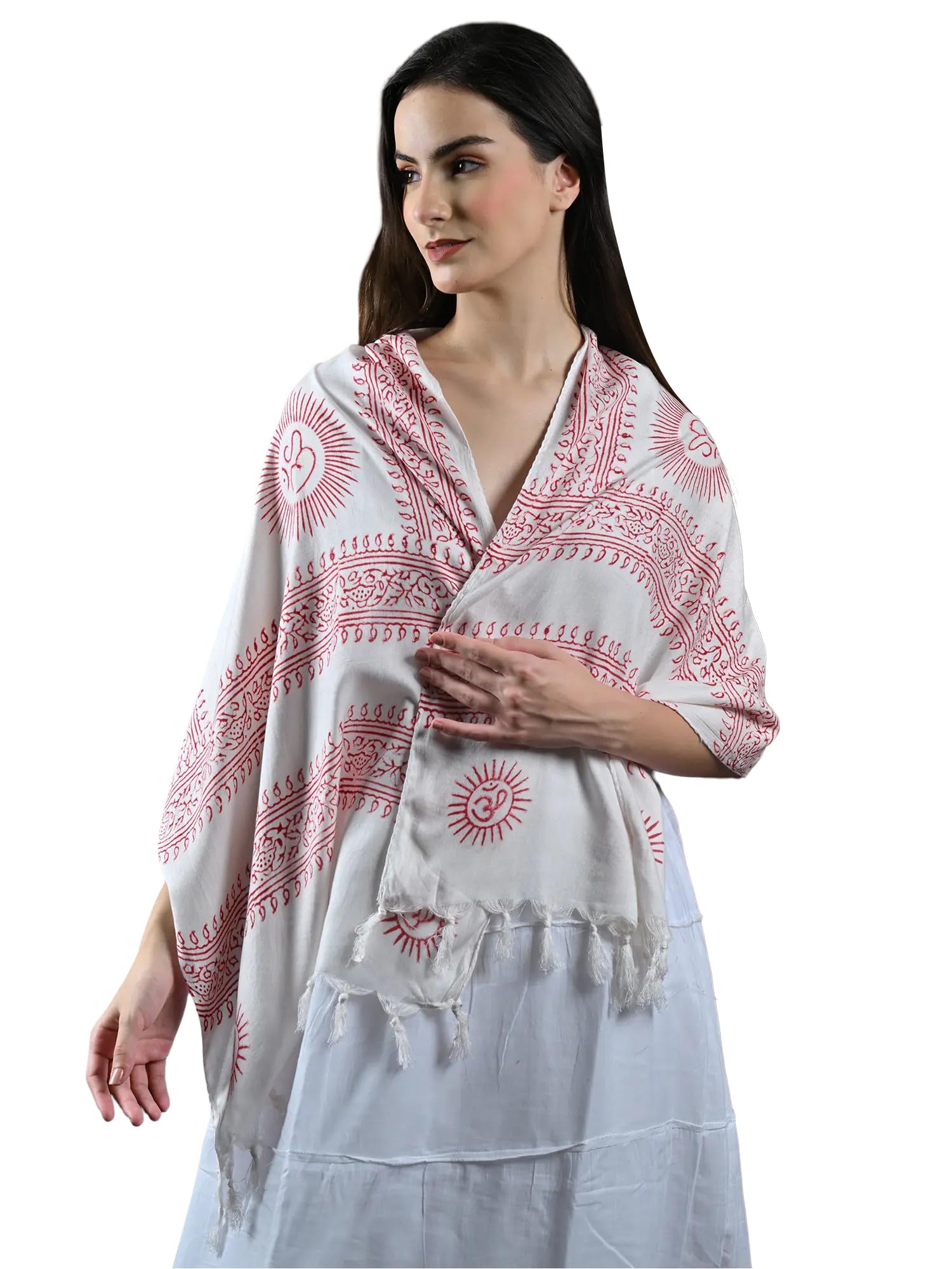 exotic india Women's Polycotton Prayer Scarf with Printed Om Design | OM Print Meditation Wrap Yoga Prayer Shawl, Stole for Men & Women (Unisex), Lucent White, Free Size-picture-1