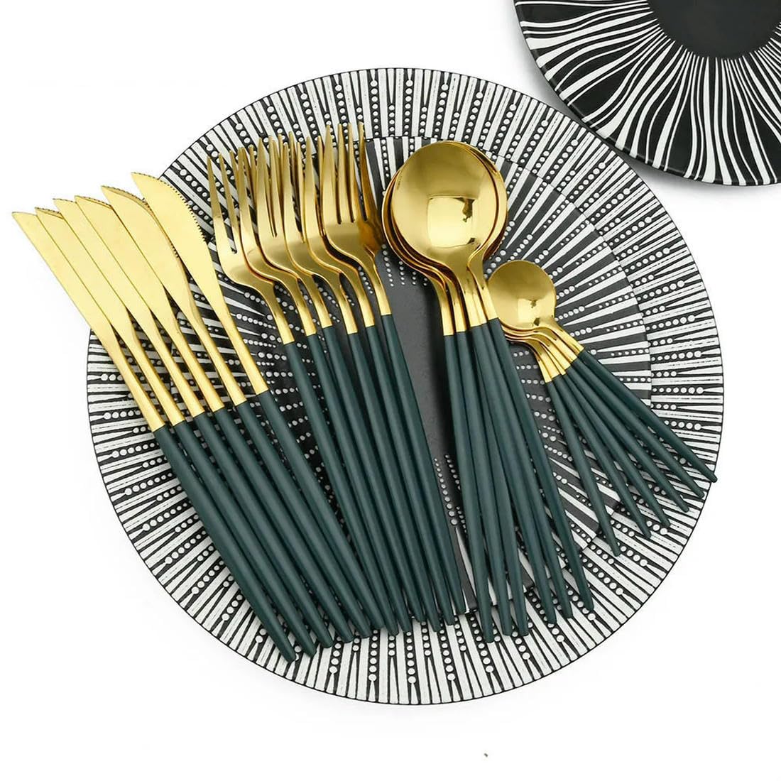 Juego de vajilla de Acero Inoxidable de 24 Piezas, Juego de Cubiertos de Cocina de Color Verde y Dorado, Juego de Cubiertos con Cuchillo, Tenedor y Cuchara, Juego de Cubiertos Occidentales