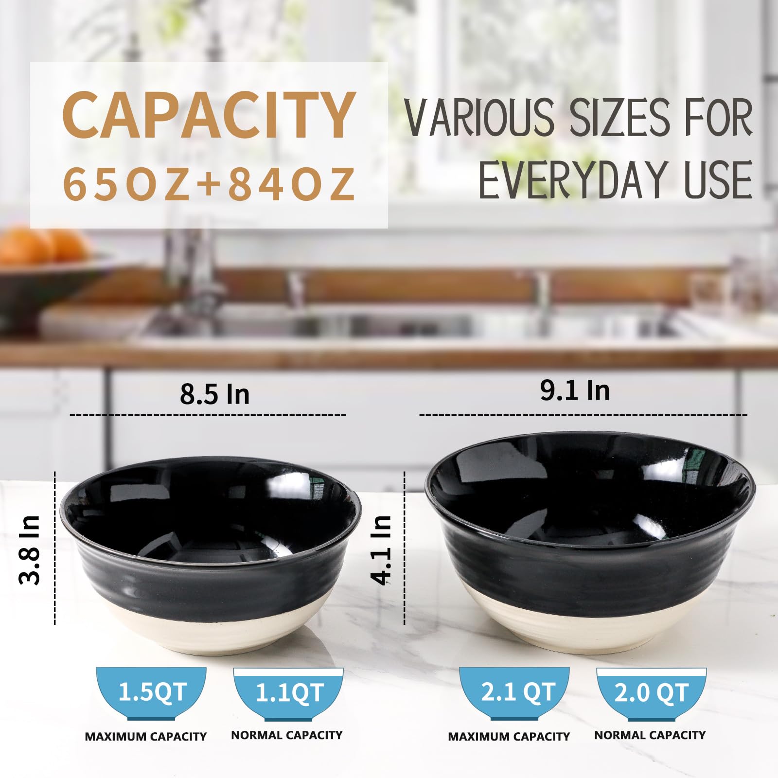 Hasense Large Porcelain Mixing Bowls, 2.1/1.5 Qt Mixing Salad Bowls for Kitchen Set of 2, Nesting Serving Bowls Set for Cooking, Baking, Popcorn, Salad, Microwave Dishwasher Safe, Black