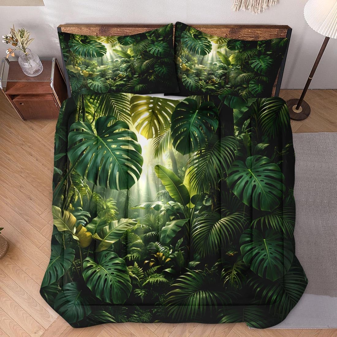 WeCozy 3 Pcs Queen Size Comforter Set with 2 Pillowcases, Tropical Jungle Botanical Soft Bedding for Kids and Adults, Leaf Green Comforter Set for Room Bedroom Bed Decor