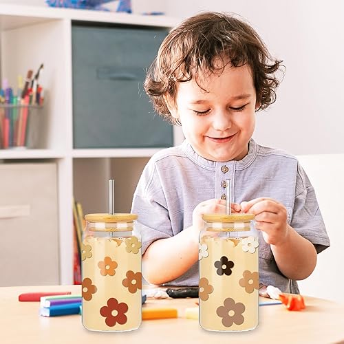 Miniatura 7 de Whaline 4 vasos de bebida con tapas y pajita, 16 onzas, diseño de margaritas bohemias, para café, café, con diseño de flores, hippie, retro, para