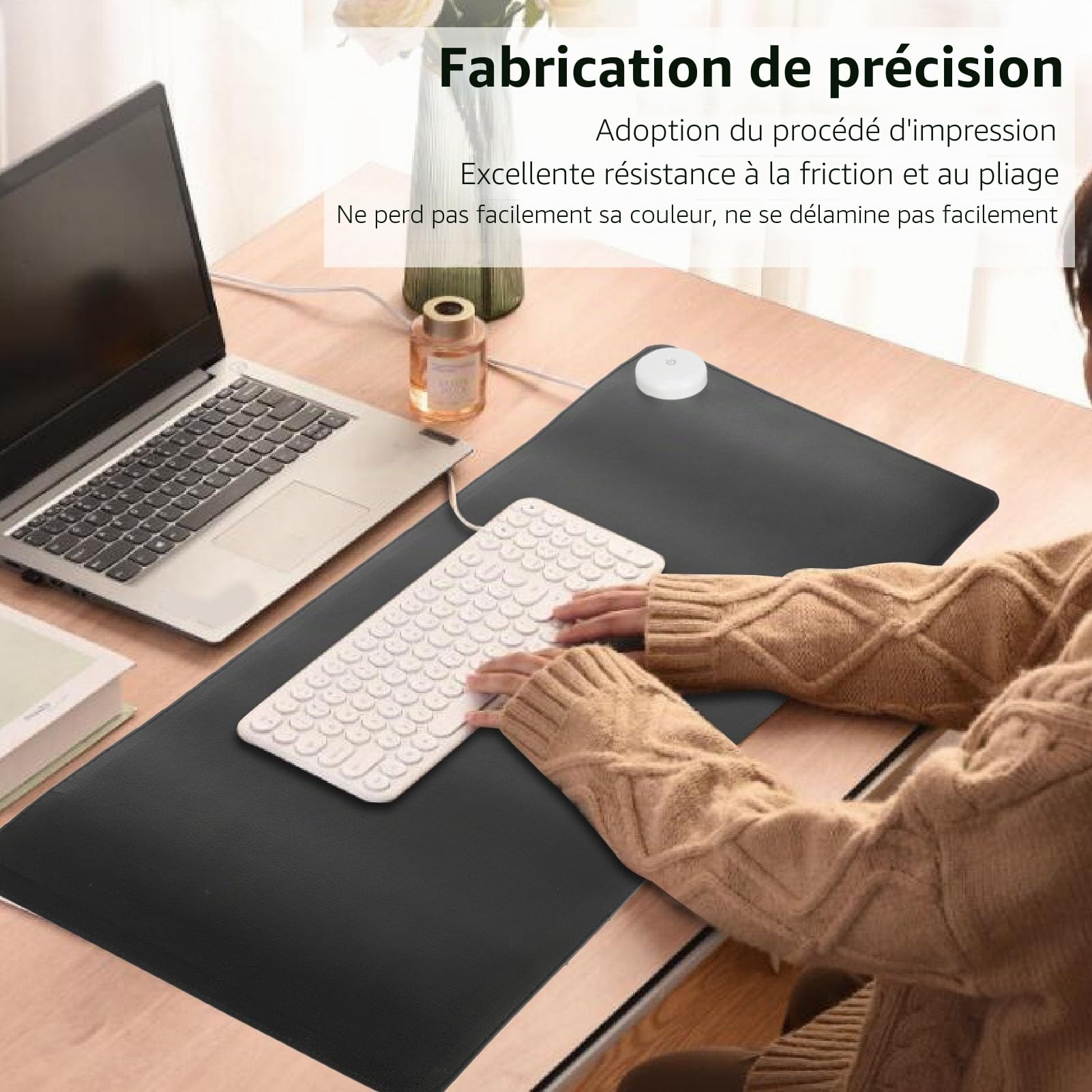 Annadue Tapis de Bureau Chauffant en Cuir PU, Tapis de Souris et Clavier, 60 x 36 cm, avec 3 Niveaux de Chaleur, pour les Mains