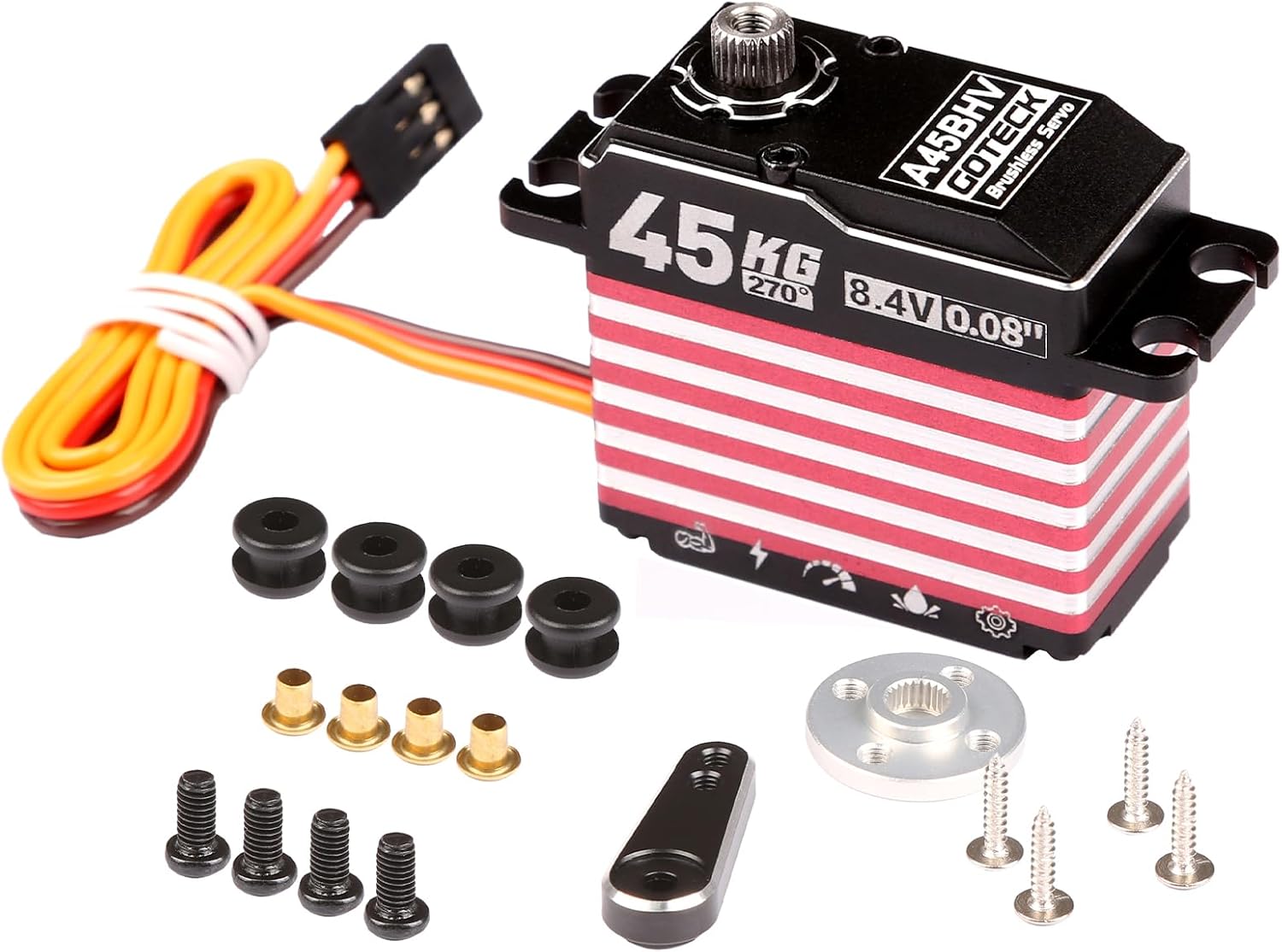 GOTECK 45KG Brushless Digital Servo,8.4V Full Metal Gear Servo,IP67 Waterproof Steering Servo with 25T Servo Horn for 1/10 Scale RC Cars,RC Crawler,Trucks,Boat,Robot Parts (A45BHV-270°)