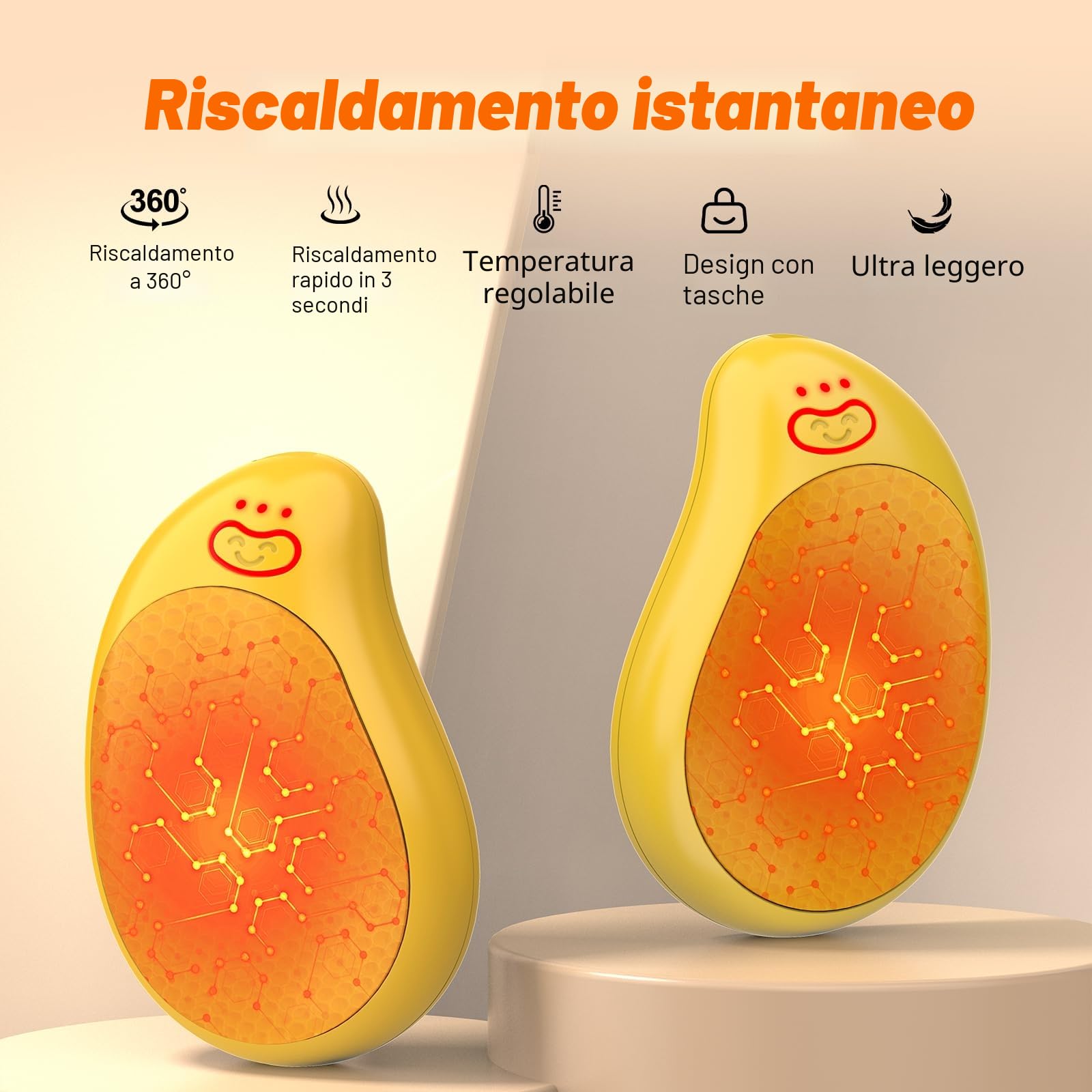 Scaldamani Elettrici 2 Pezzi con Batterie da 8000 mAh, Scaldamani Ricaricabile Tramite USB Tre Regolazioni Della Temperatura, Adatto Come Regalo di Natale Invernale All'aperto,Giallo