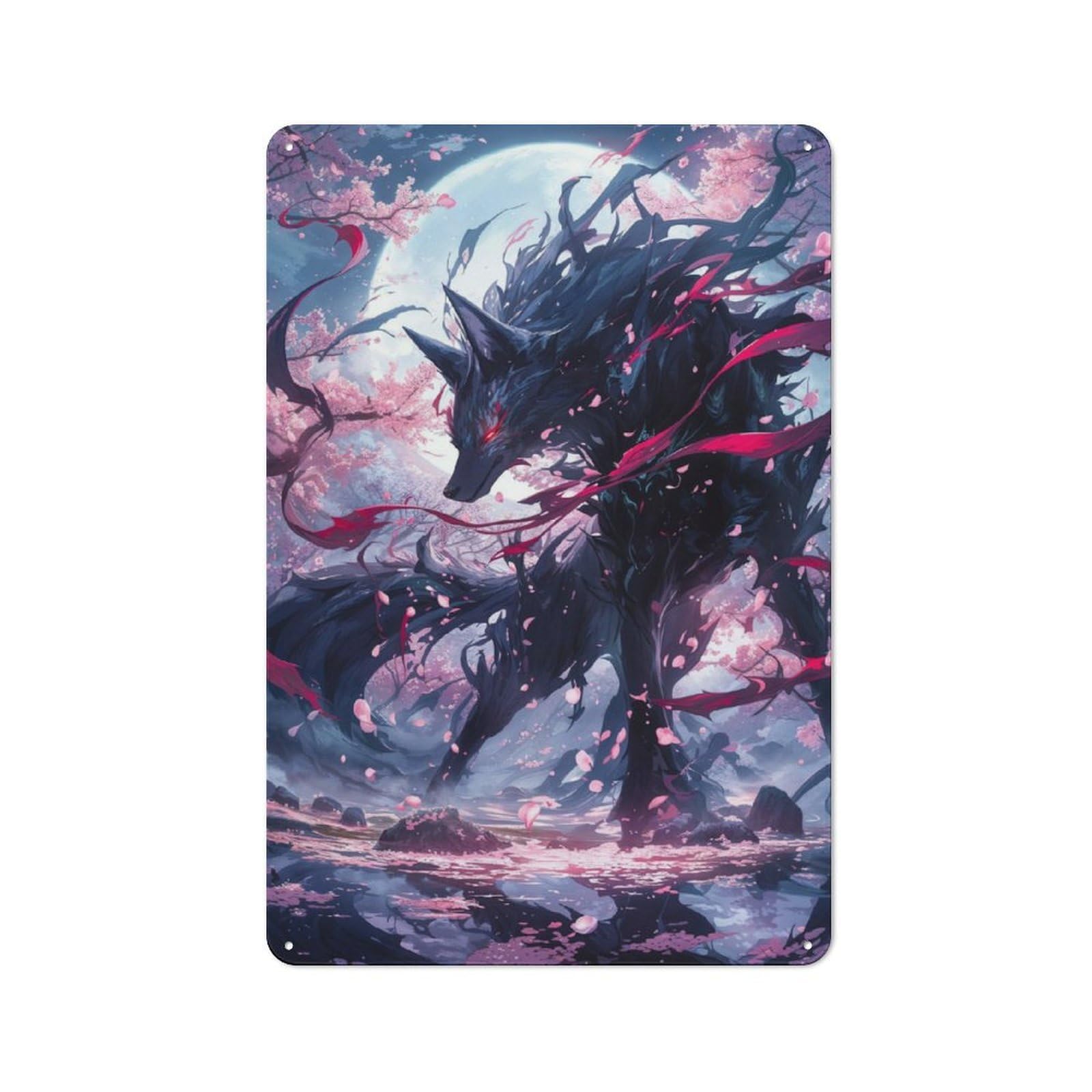 Junmoney Black Kitsune Sakura For Lounge Or Reading Corner, Rustic Tin Sign 30X20cm, For An Autumn Update To Lounge And Reading Corner