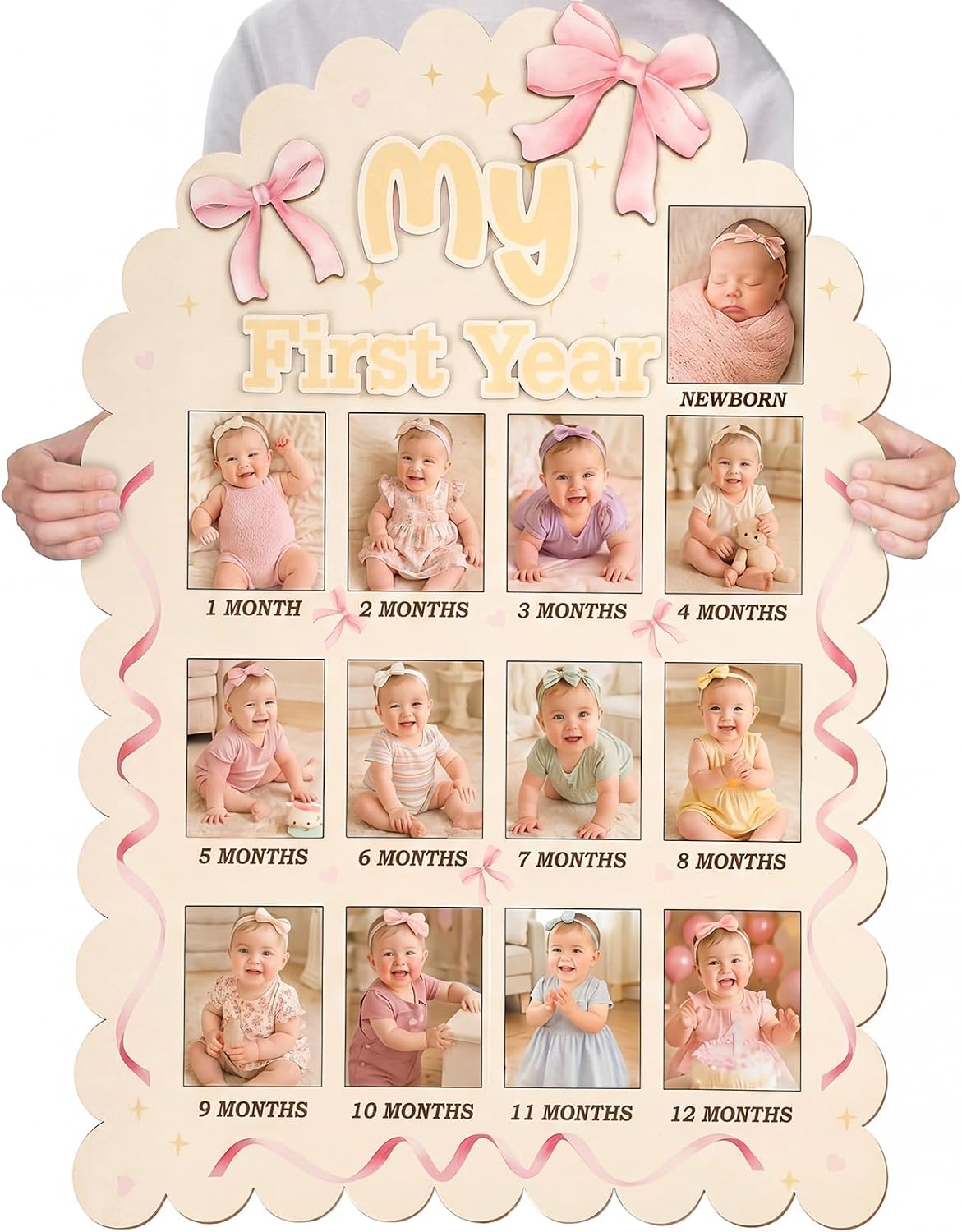 Novabright Large Bow My First Year Photo Board - Scalloped 33 x 22 Inch One Year Birthday Wooden Photo Board 12 Month Picture Milestones Boards for Newborn Keepsake Nursery Decor (Fit 4.8 x 3.8in Pic)
