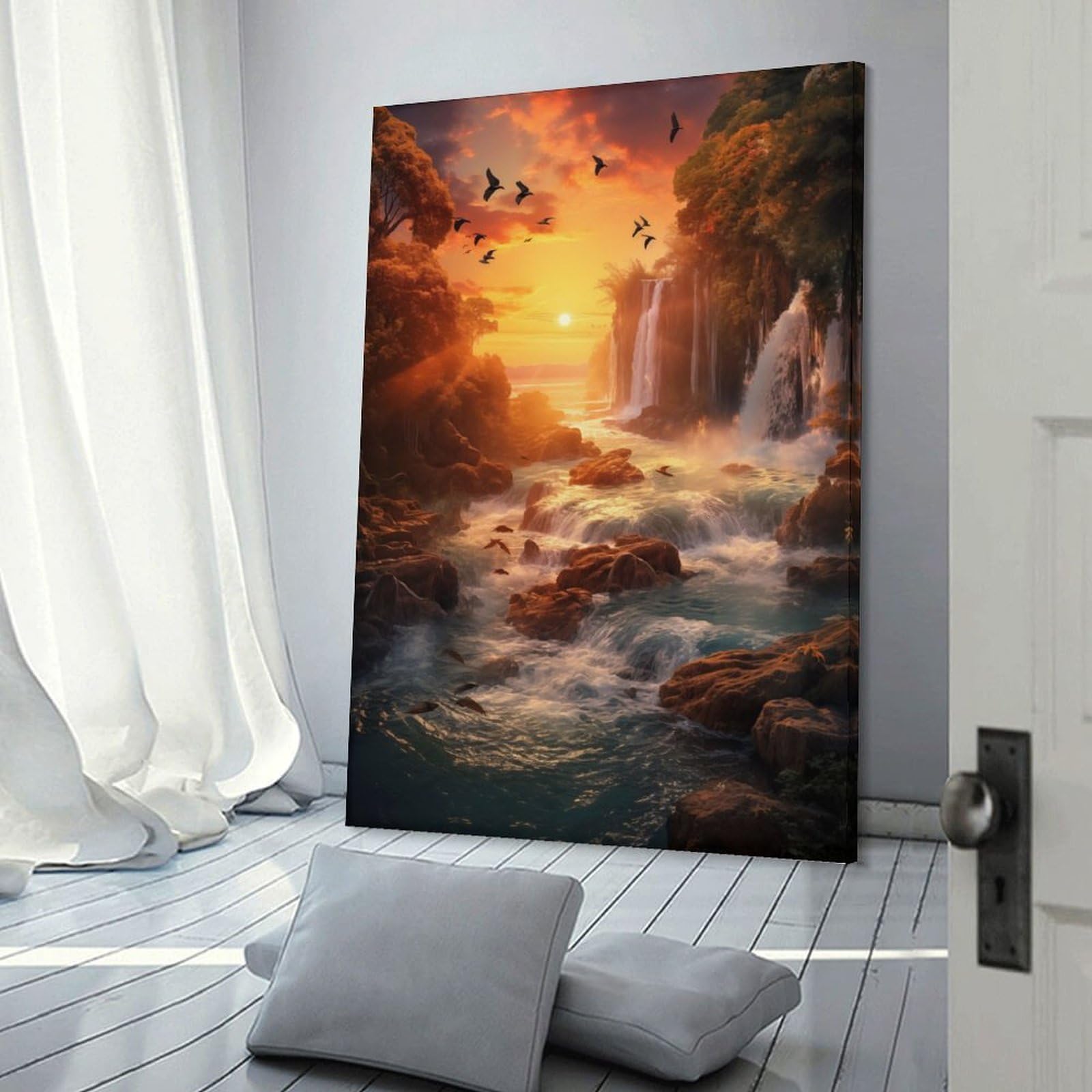 Junmoney Canvas Wall Decor Waterfall in Sunset, 20x30inch(50x75cm), for Flats, Guest Rooms Or Compact Rooms, Wall Decor with Flexible Room Appeal