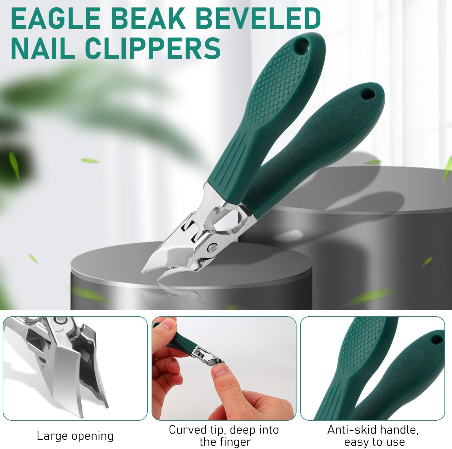 Eagle Beak Beveled Nail Clippers,Wide Jaw Opening Anti-Splash Slanted Nail Clipper,Long Handle Wide Jaw Opening Anti-Splash Slanted Nail Clipper,Edge Nail Clippers 3-Piece Set for Women and Men