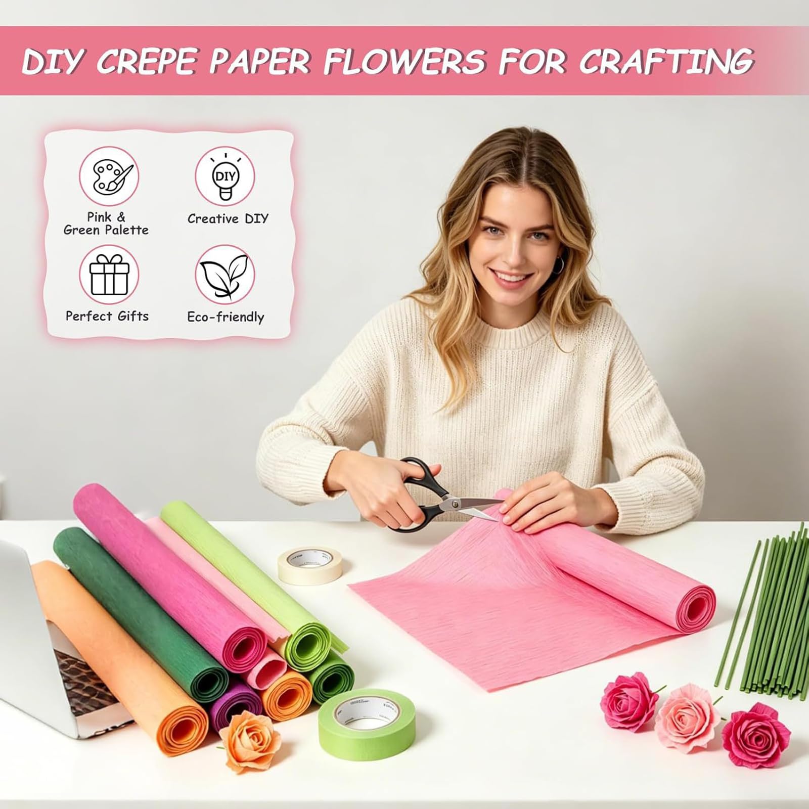 10 Rollen Krepppapier Rollen, Blumen Bastelset für handgefertigte Blumen mit komplettem Zubehör, einschließlich Draht und Klebeband Set Basteln von Papierblumen