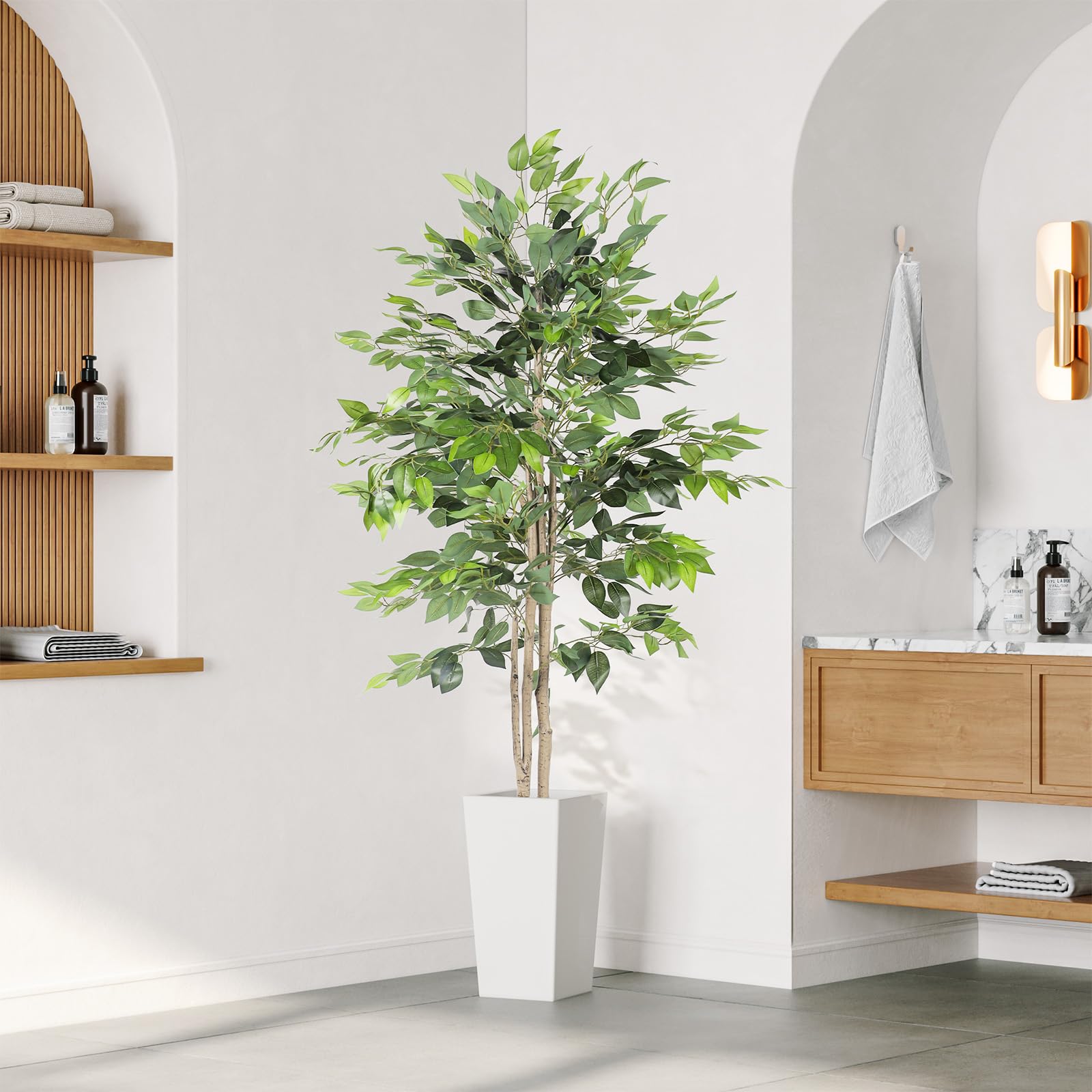 YOLEO Kunstpflanze Ficus Benjamini 180cm mit weißem Topf | Kunstbaum Ficusbaum wie echt, Birkenfeige für Wohnzimmer, Büro, Garten