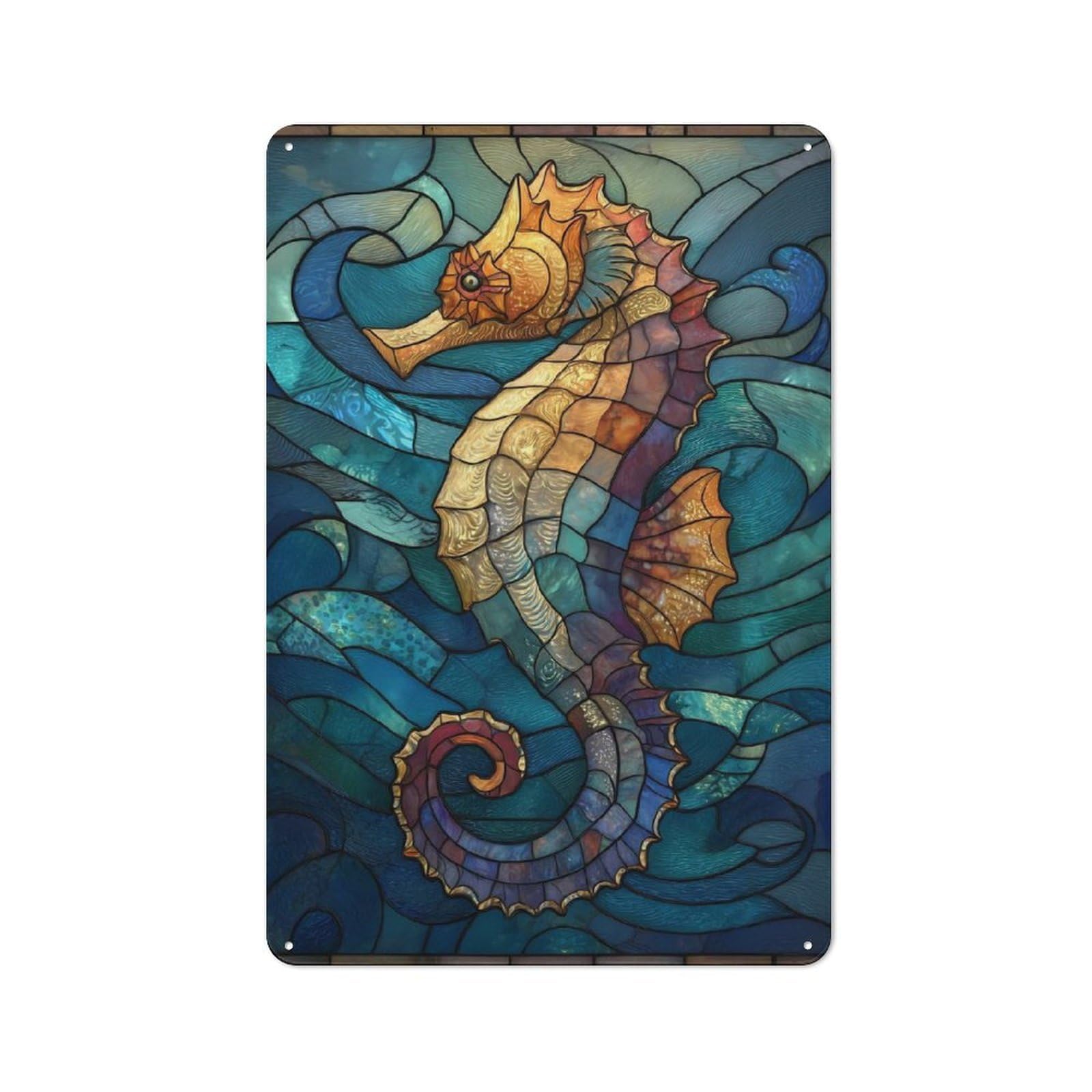 Junmoney Stained Glass Seahorse In Ocean Tin Wall Plaque 30X20cm With For Studio Or Craft Room, For Cooler-Season Styling In Studio And Craft Room