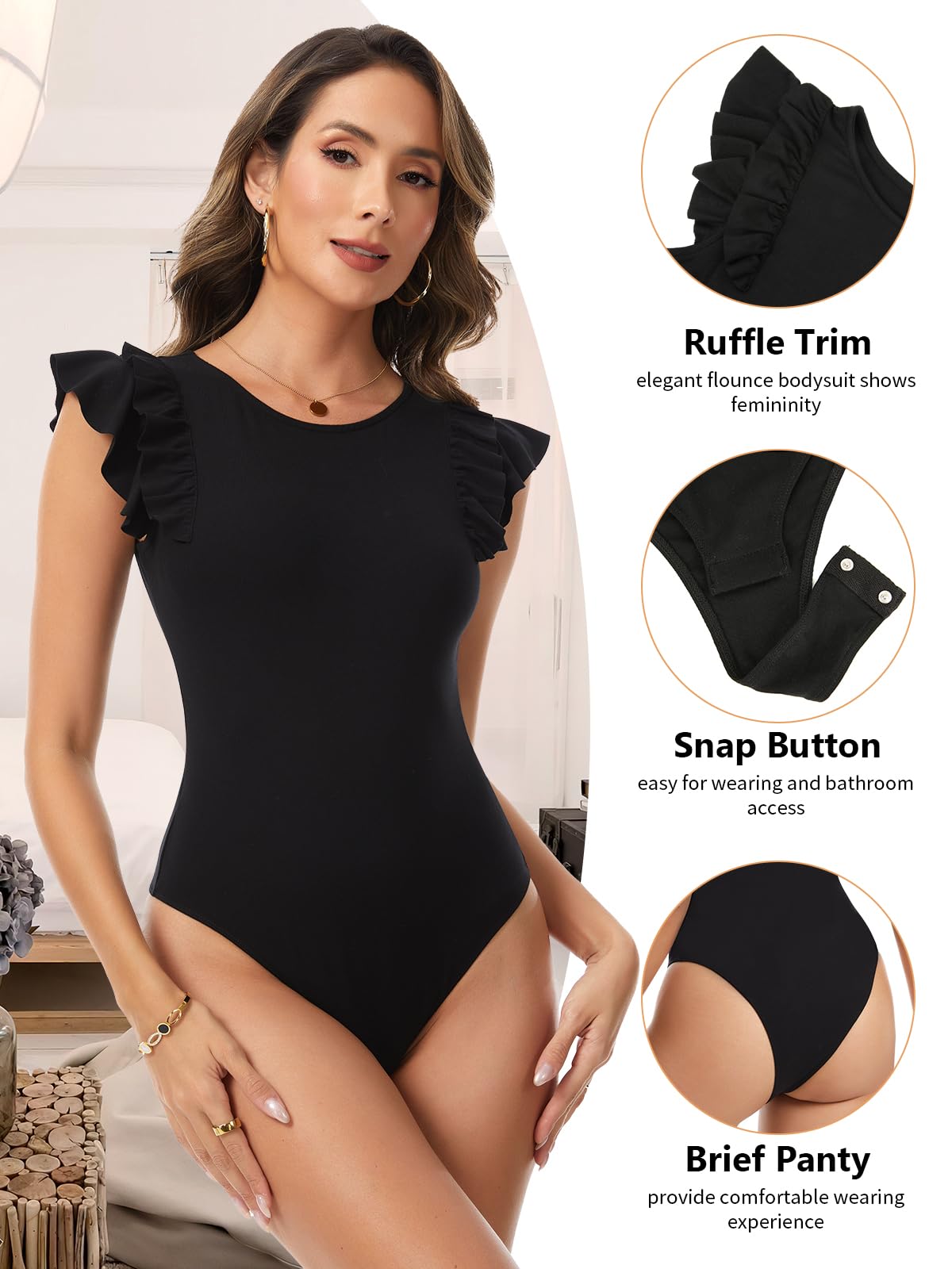 SHAPERIN - Body para mujer con volante elegante, sin mangas con cuello redondo, camiseta de verano