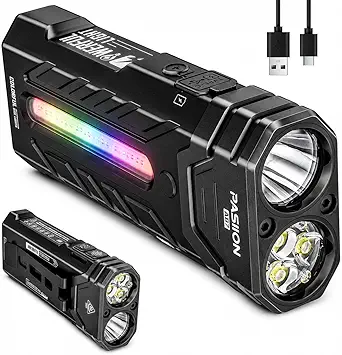 EDC Rechargeable Flashlight 3250 Lumens with RGB Light,55 Modes Multifunctional Flat Flashlight with Floodlight,Spotlight and Magnetic Base,Waterproof USB C Flashlight for Camping,Home,Emergencies
