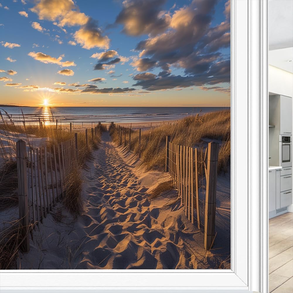 Colorful Coastal Beach Window Privacy Film, Blue Sky Clouds Dunes Natural Frosted Stained Glass Window Film Decorative Static Cling for Glass for Home 70x100 cm
