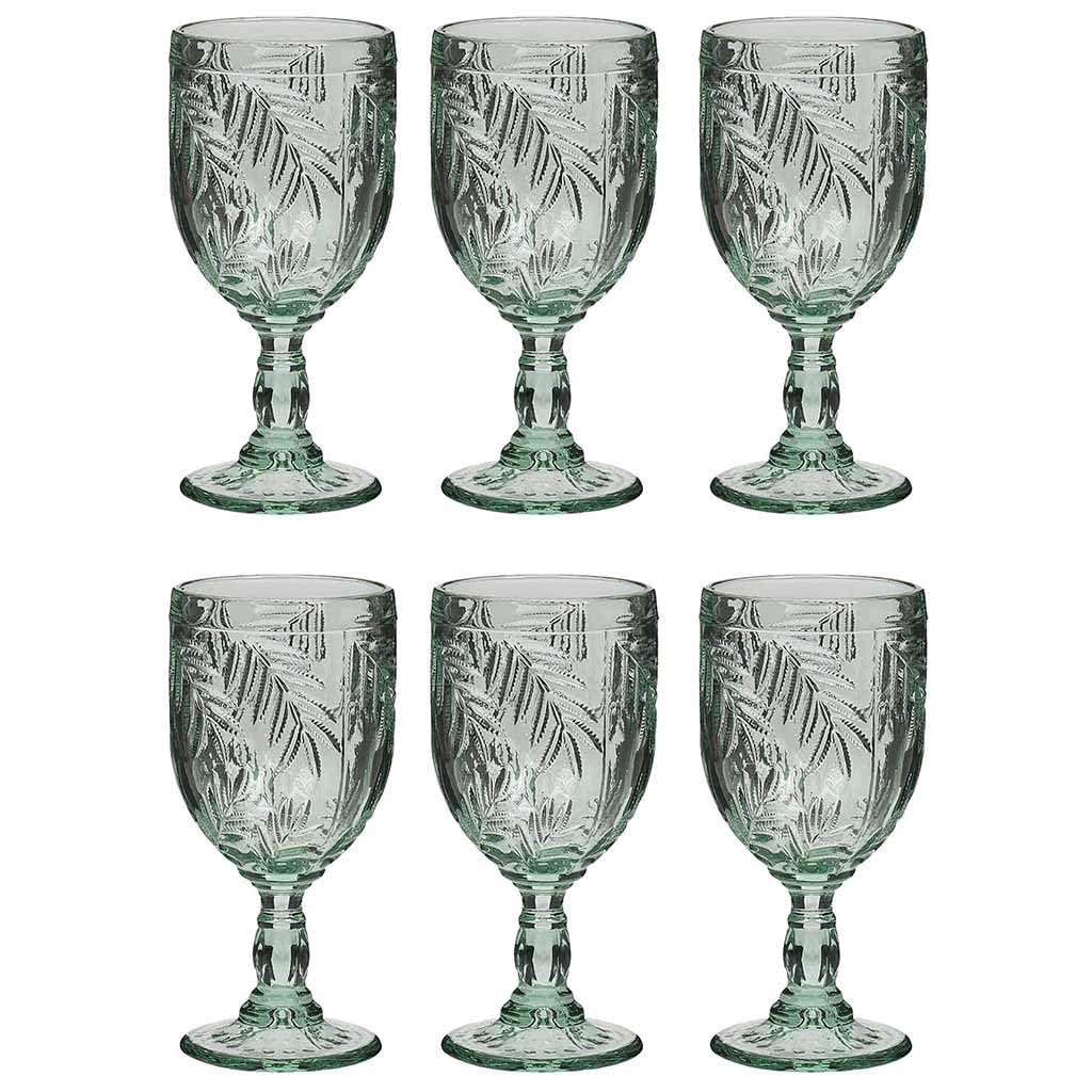 Dibor Wine Goblets Set of 6 Palm Leaf Embossed Green Glassware Set
