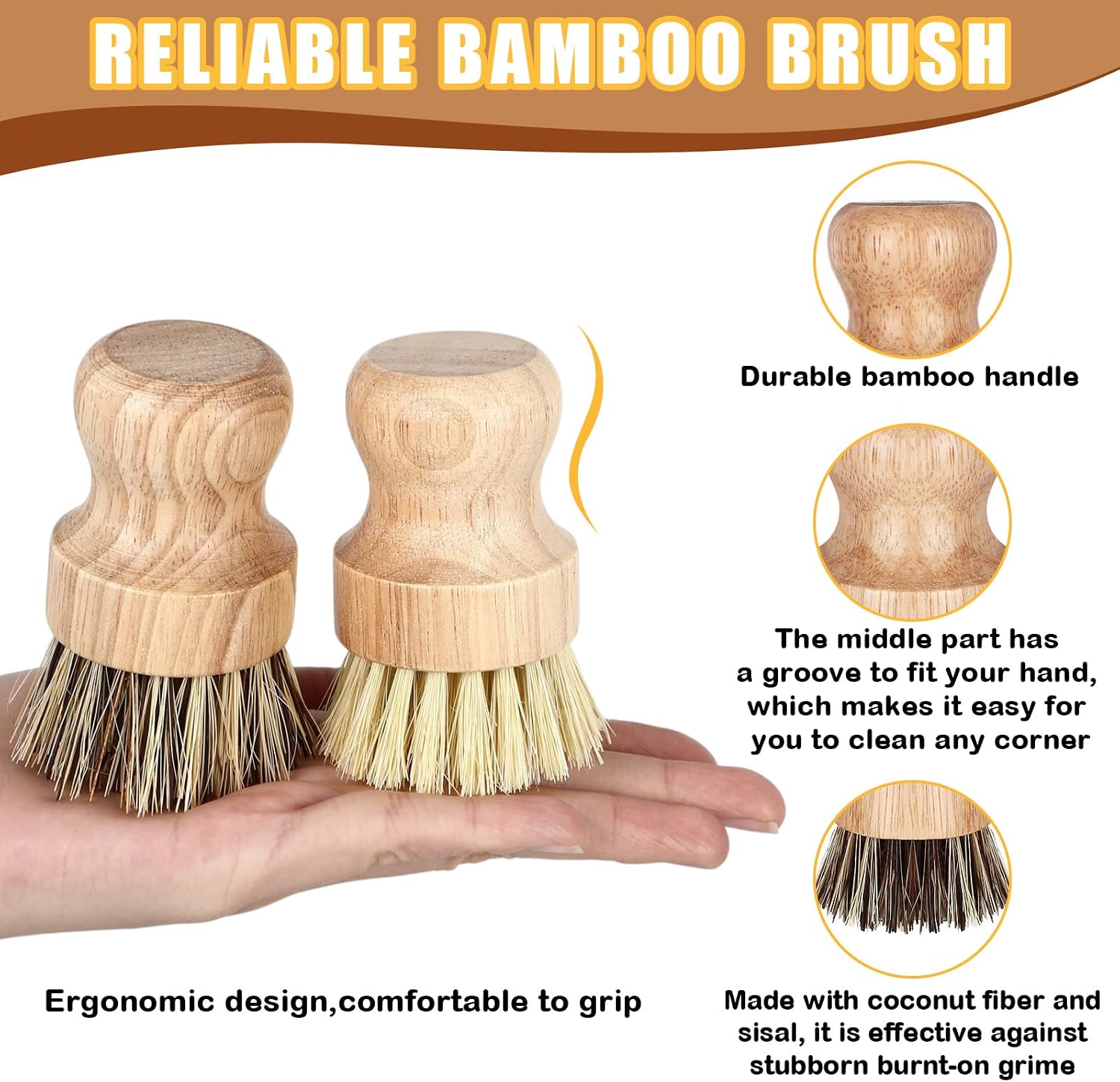 Nuenen 6 Packs Bamboo Dish Scrub Brushes Wooden Scrubbers Set Kitchen Dishwashing Scrubber with Natural Sisal Bristles for Iron Pot Pan Sink (Sisal and Coconut Palm)