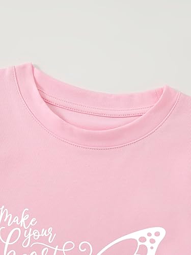 Girls' Short Sleeve Cotton T-Shirt with Butterfly Print Kids Graphic Tee(Pink#01,6 Years)
