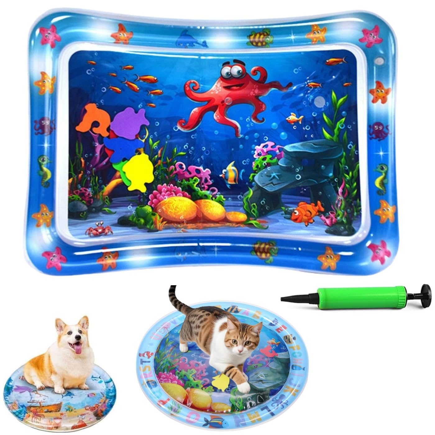Ocean Breeze Splashland Cat Toy,Large Water Sensory Play Mat for Cats,Double Thickened Sensory Water Mat for Cat Dog with Pump,Ocean Themed