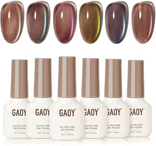 GAOY Aurora Gems Cat Eye Gel Nail Polish Set with Magnet, 6 Holographic Glitter Shades with Built-in Deep Base in Green, Red, Purple, Blue, Yellow, Nail Art at Home & Salon