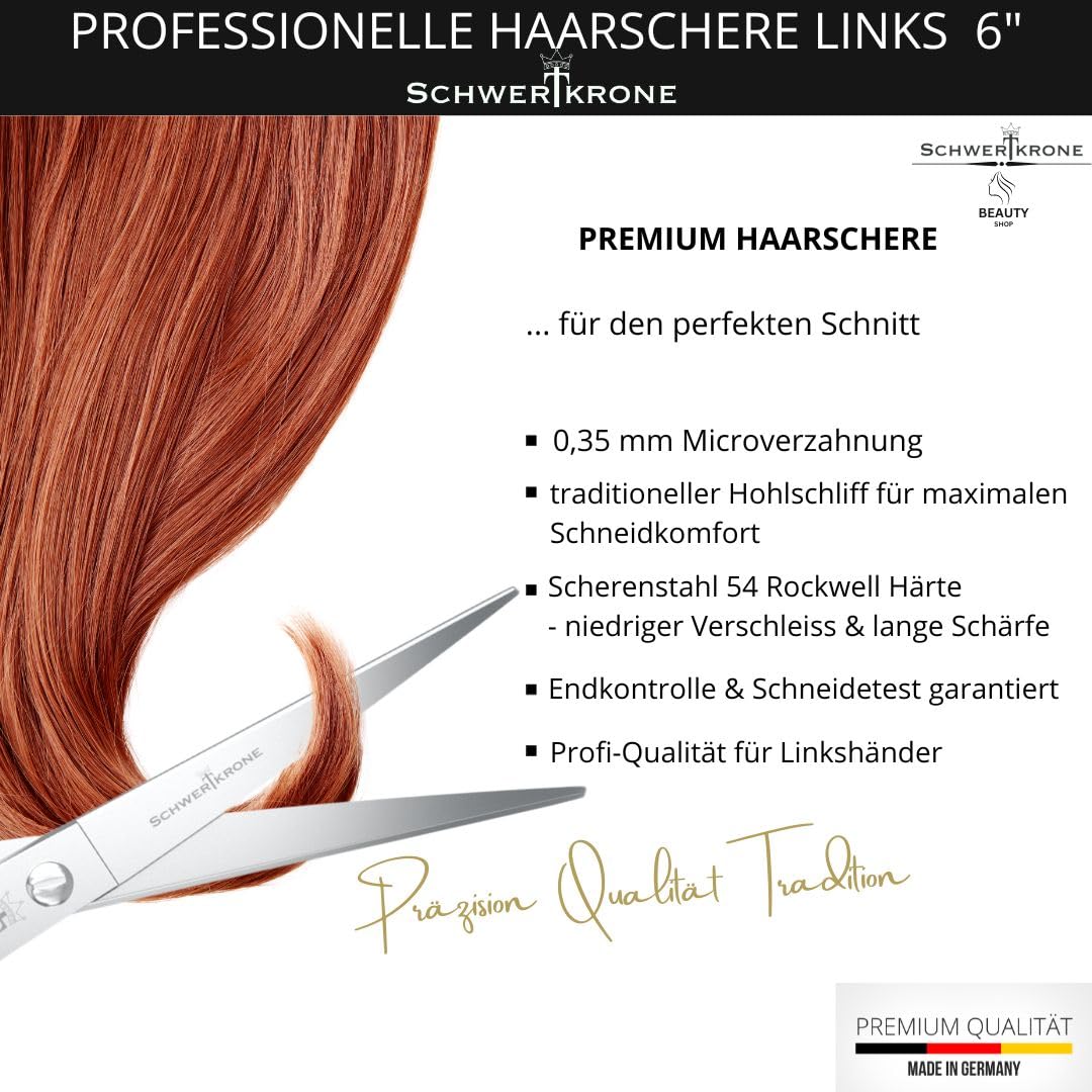 SCHWERTKRONE Tijeras de corte de pelo para zurdos de acero inoxidable [fabricadas en Alemania] – Tijeras de peluquería – Tijeras para cortar el pelo – Tijeras de peluquería – Tijeras de adelgazamiento