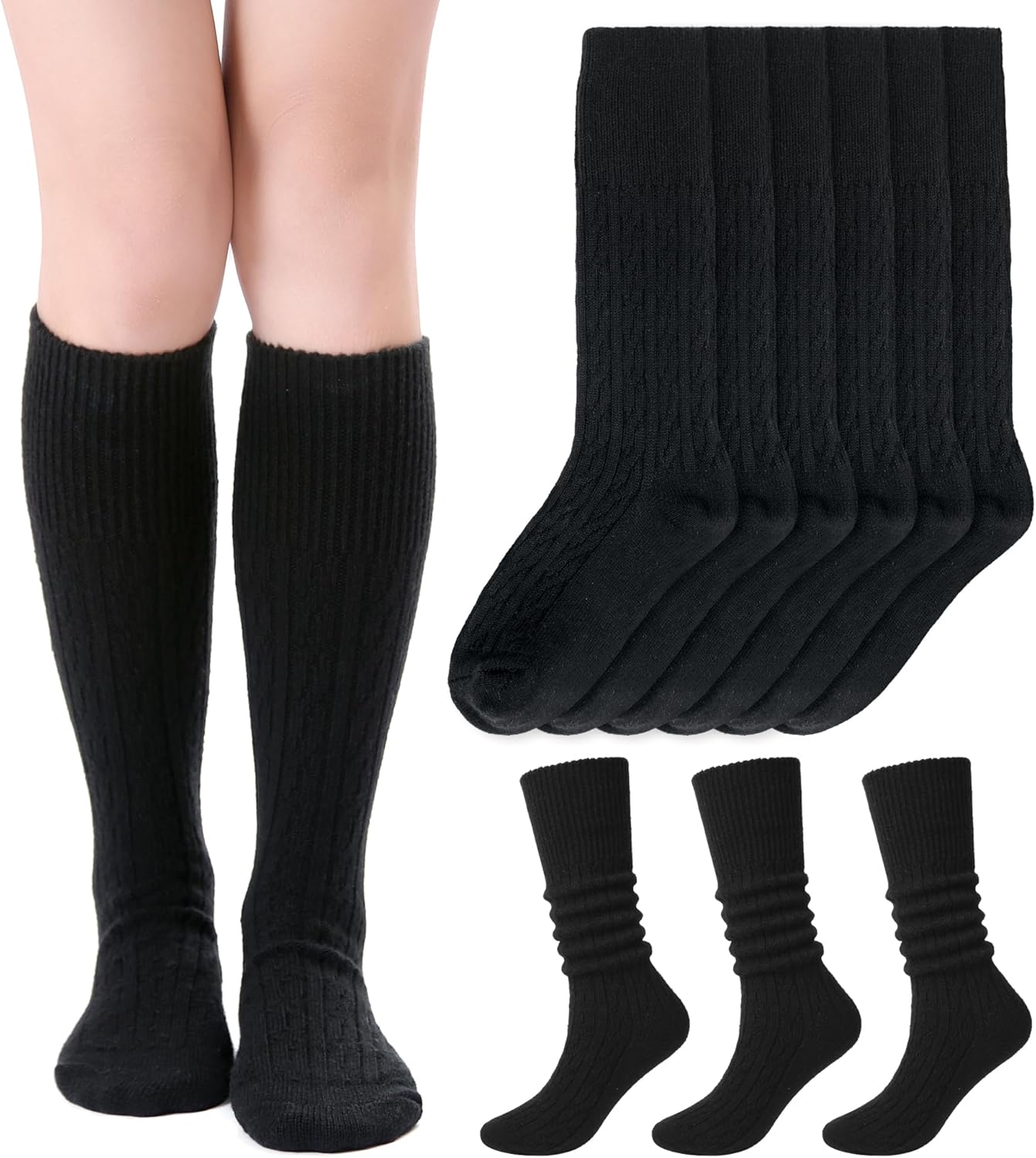 SISOSOCK 3 Pairs Winter Knee High Socks for Women Soft Warm Cable Knit Slouch Socks Fashion Accessories