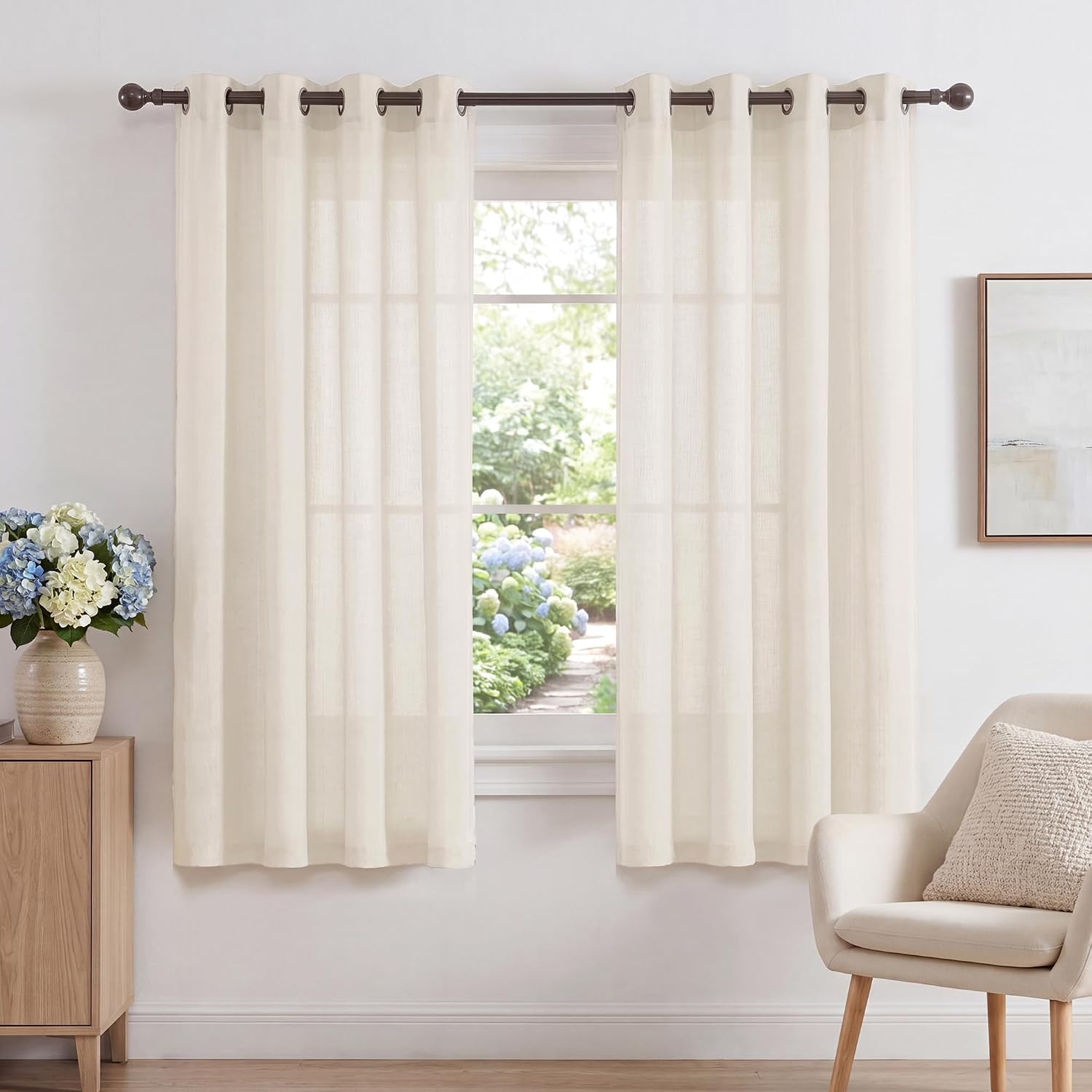 PrinceDeco Linen Curtains Semi-Sheer Light Filtering,2 Panel,52x63,Ivory