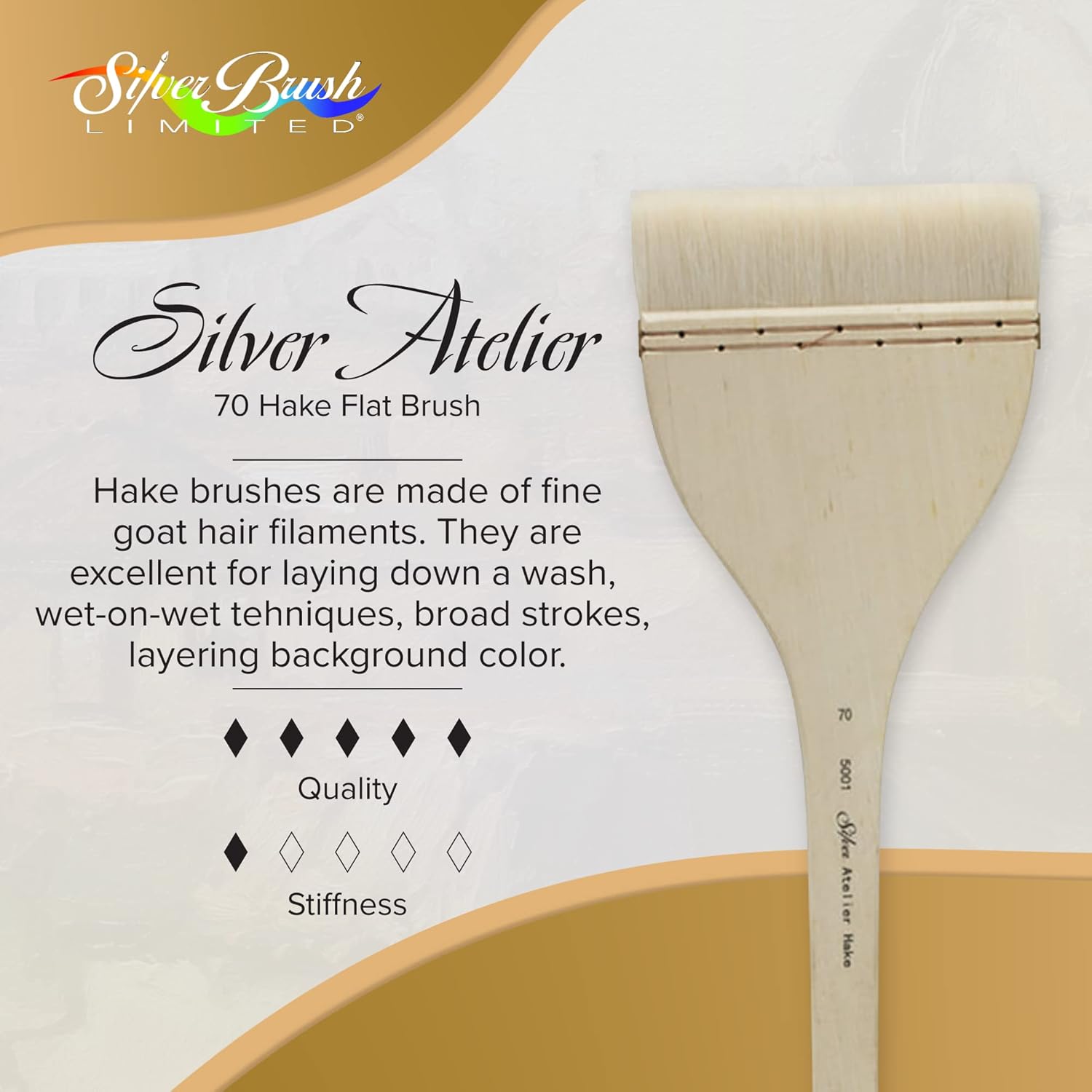 Silver Brush Limited 5001-70 Silver Atelier Hake Flat Paintbrush for Oil, Acrylic, Watercolor, Gesso and Grounds, Varnish and Top Coat, Size 70, Long Handle