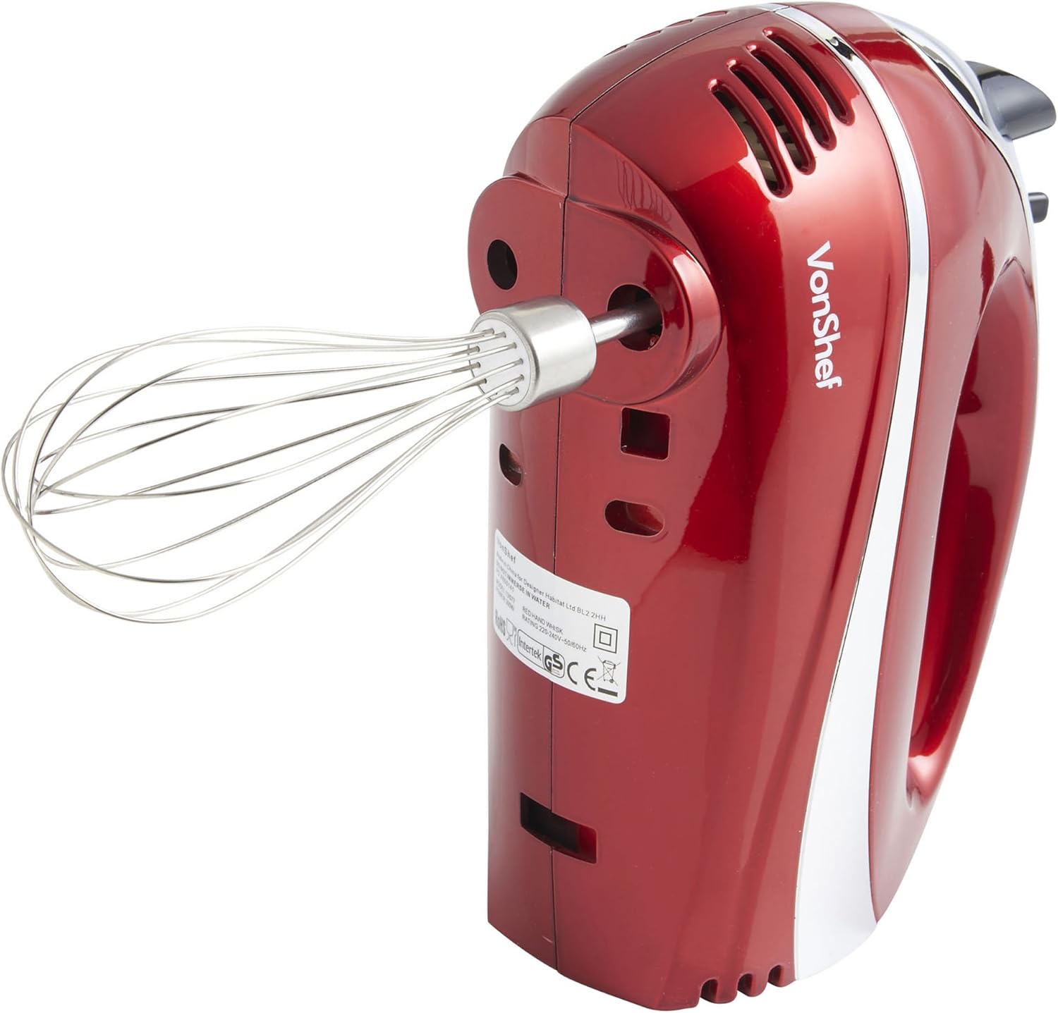 זייַט view of the VonShef Hand Mixer with the balloon whisk attached.