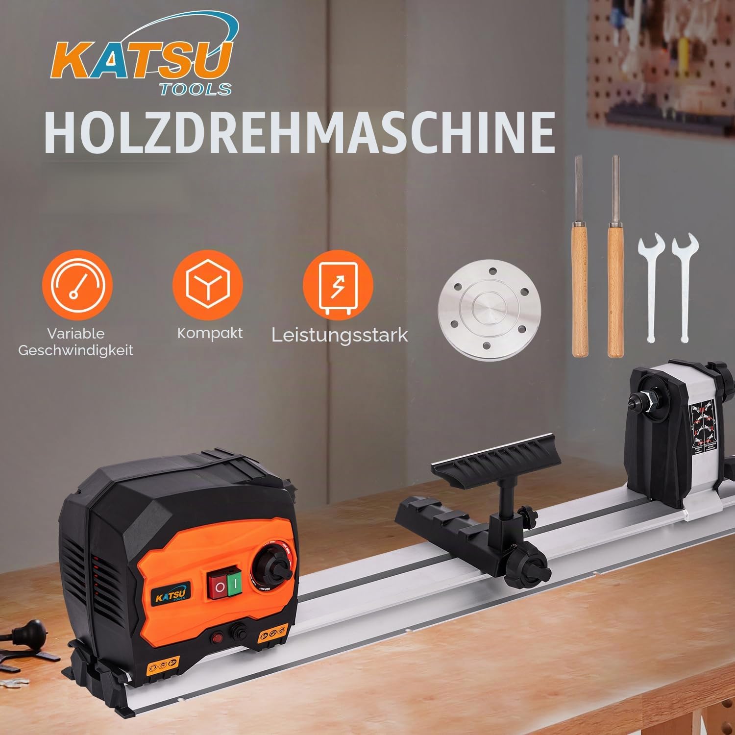 KATSU Mini-Drechselbank, 550 W, elektrische Tisch-Drechselmaschine mit variabler Geschwindigkeit, maximale Werkstücklänge 600 mm, für Heimwerkerprojekte in der Holzbearbeitung